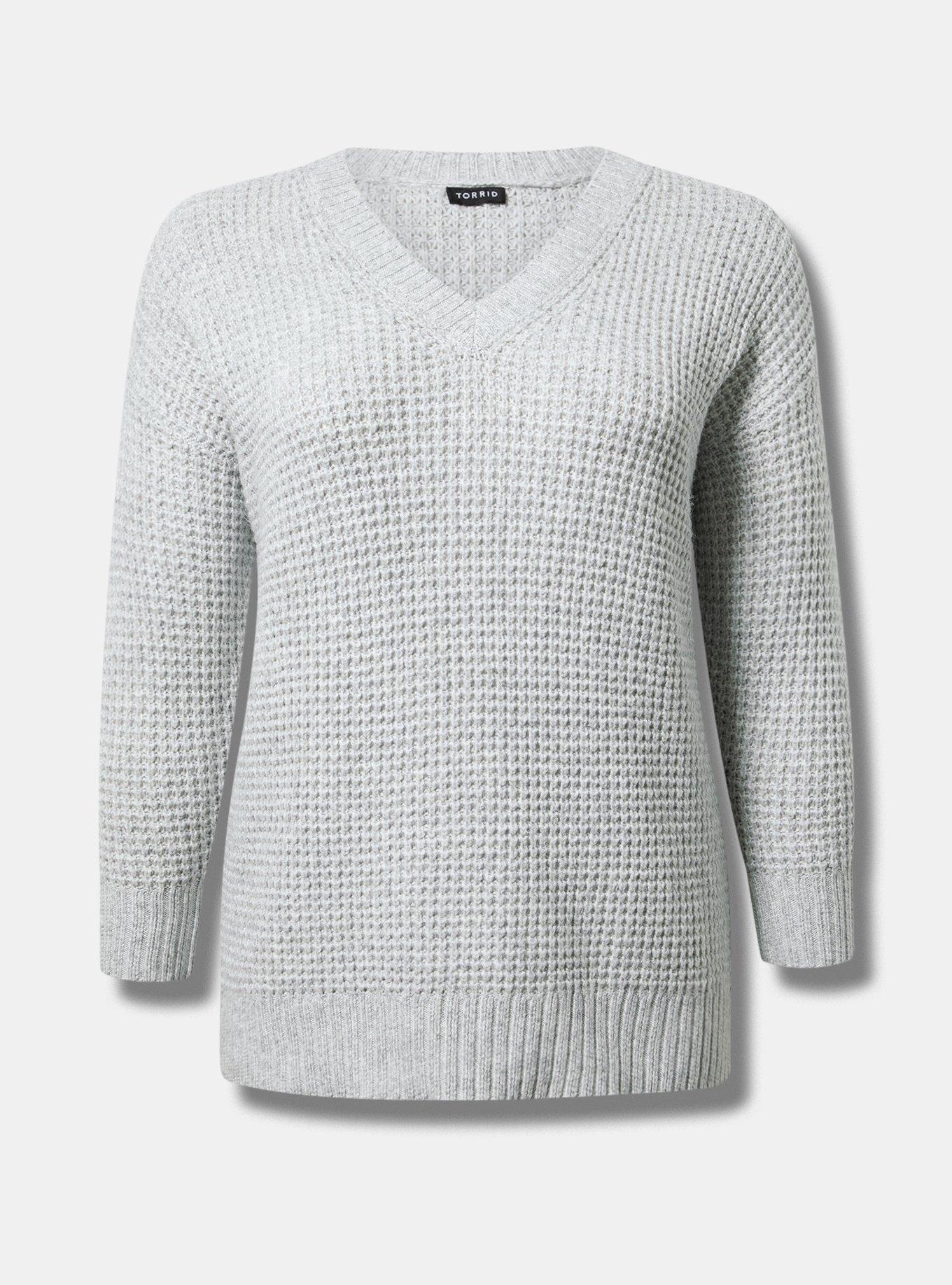 Waffle Drop Shoulder V-Neck Pullover Sweater