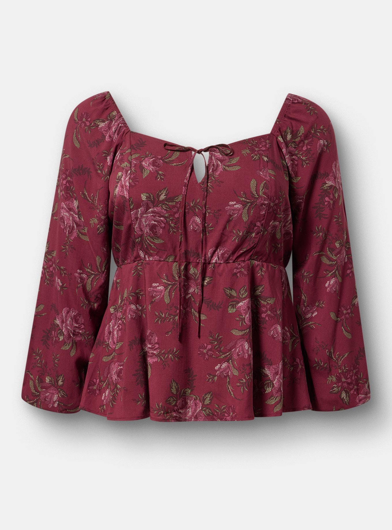 Peplum Challis Sweetheart Top, HEIDI FLORAL BURGUNDY, flat