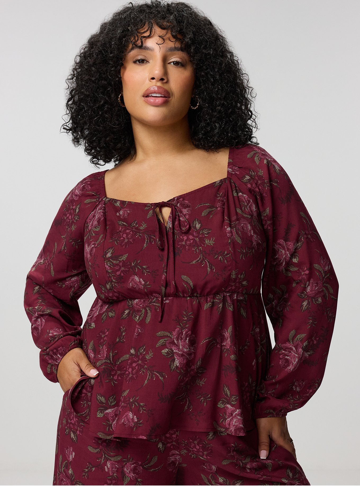Peplum Challis Sweetheart Top, HEIDI FLORAL BURGUNDY, hi-res