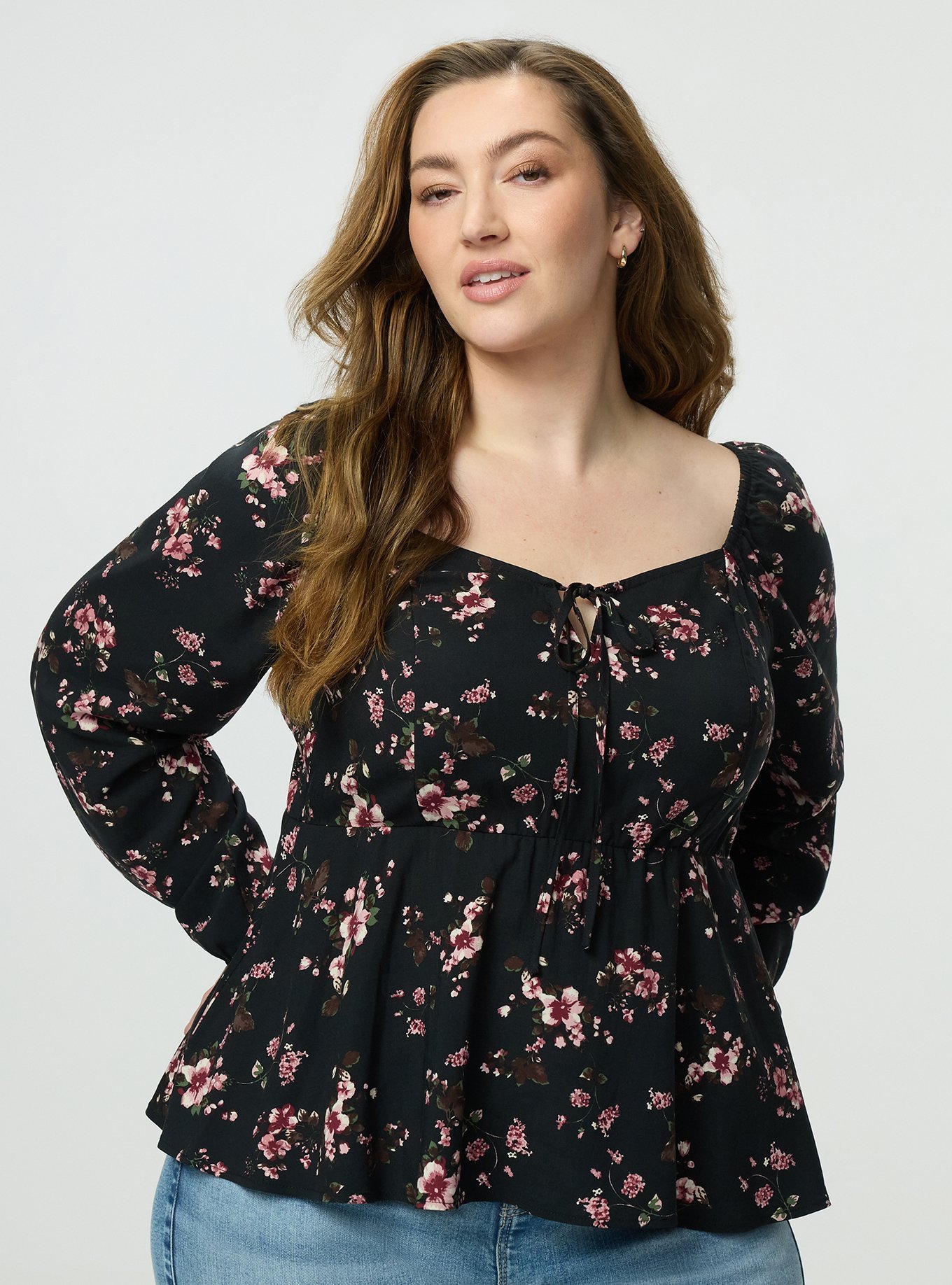 Peplum Challis Sweetheart Top, LAURA FLORAL BLACK, hi-res