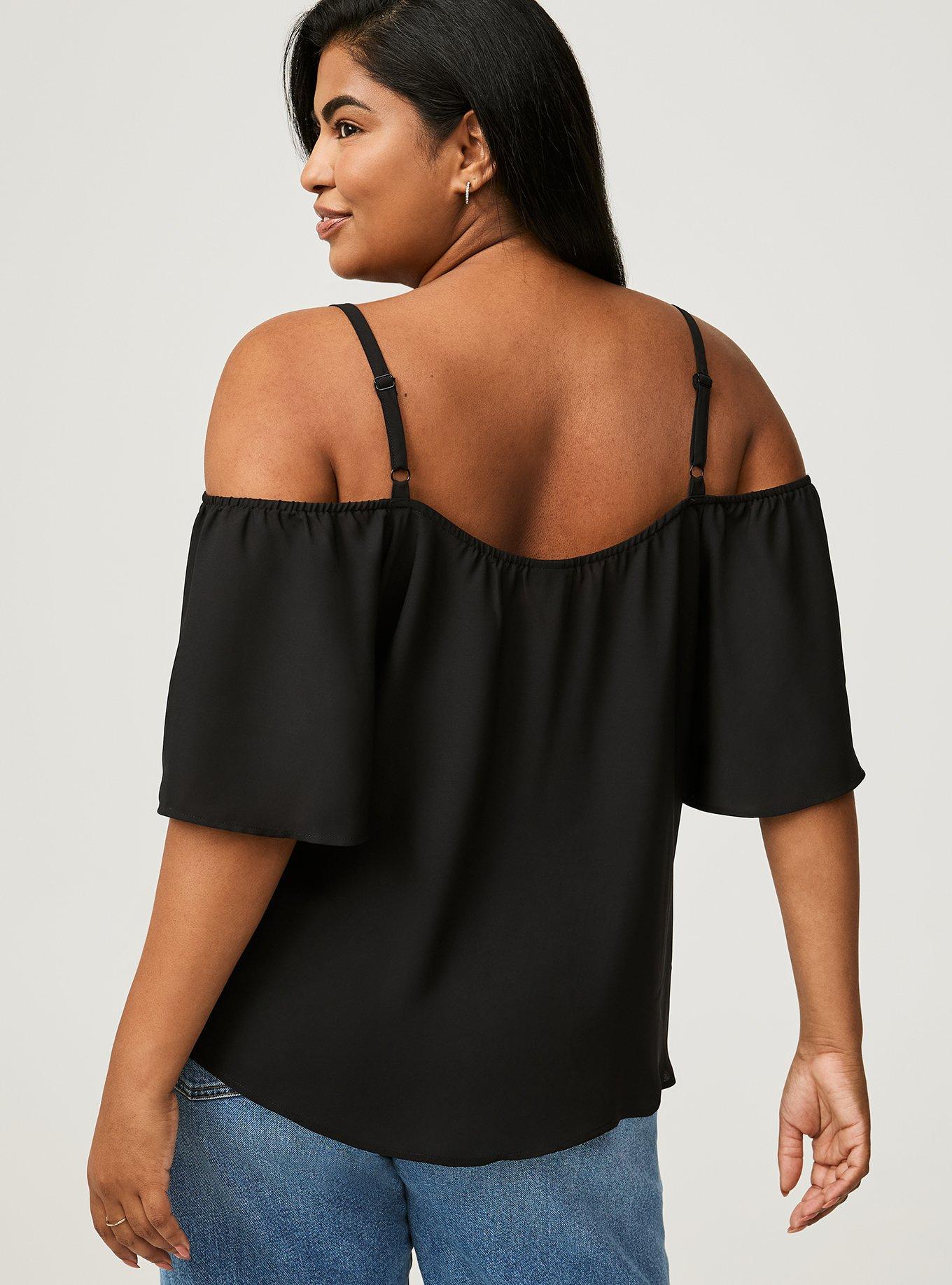 Georgette Lace Cold Shoulder Flutter Sleeve Top, DEEP BLACK, alternate