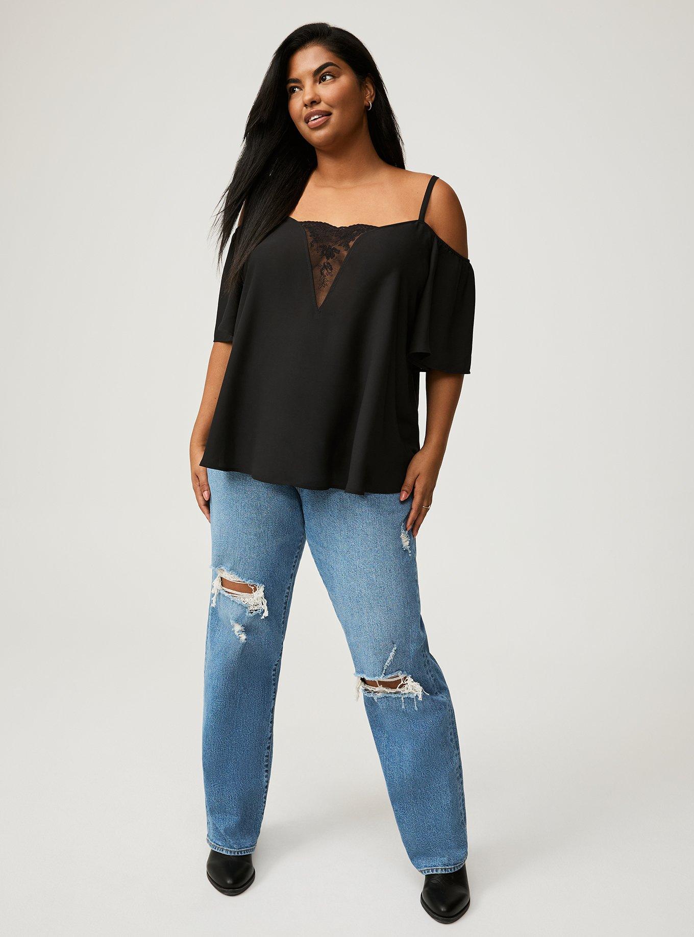 Georgette Lace Cold Shoulder Flutter Sleeve Top, DEEP BLACK, alternate