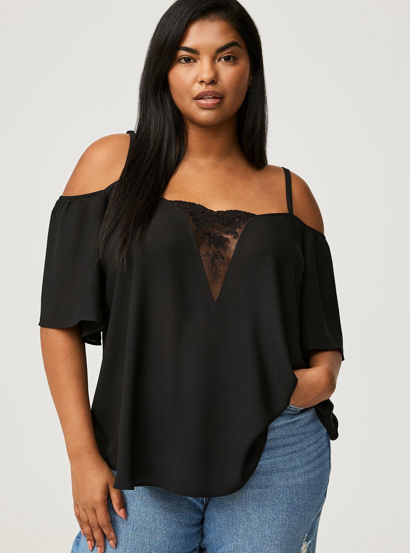 Georgette Lace Cold Shoulder Flutter Sleeve Top, DEEP BLACK, alternate