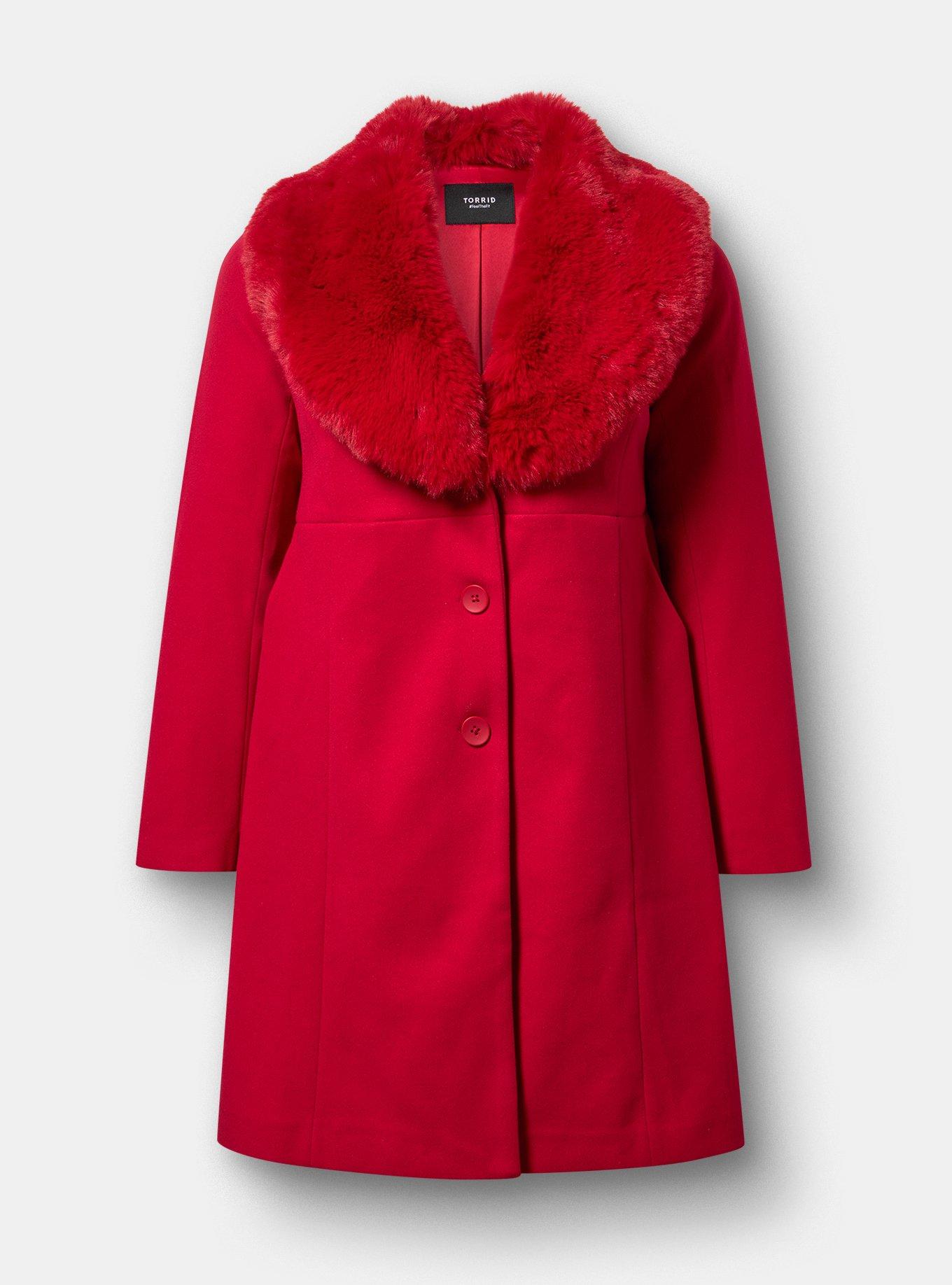 Plus Size Fit & Flare Faux Fur Collar Coat, JESTER RED, hi-res