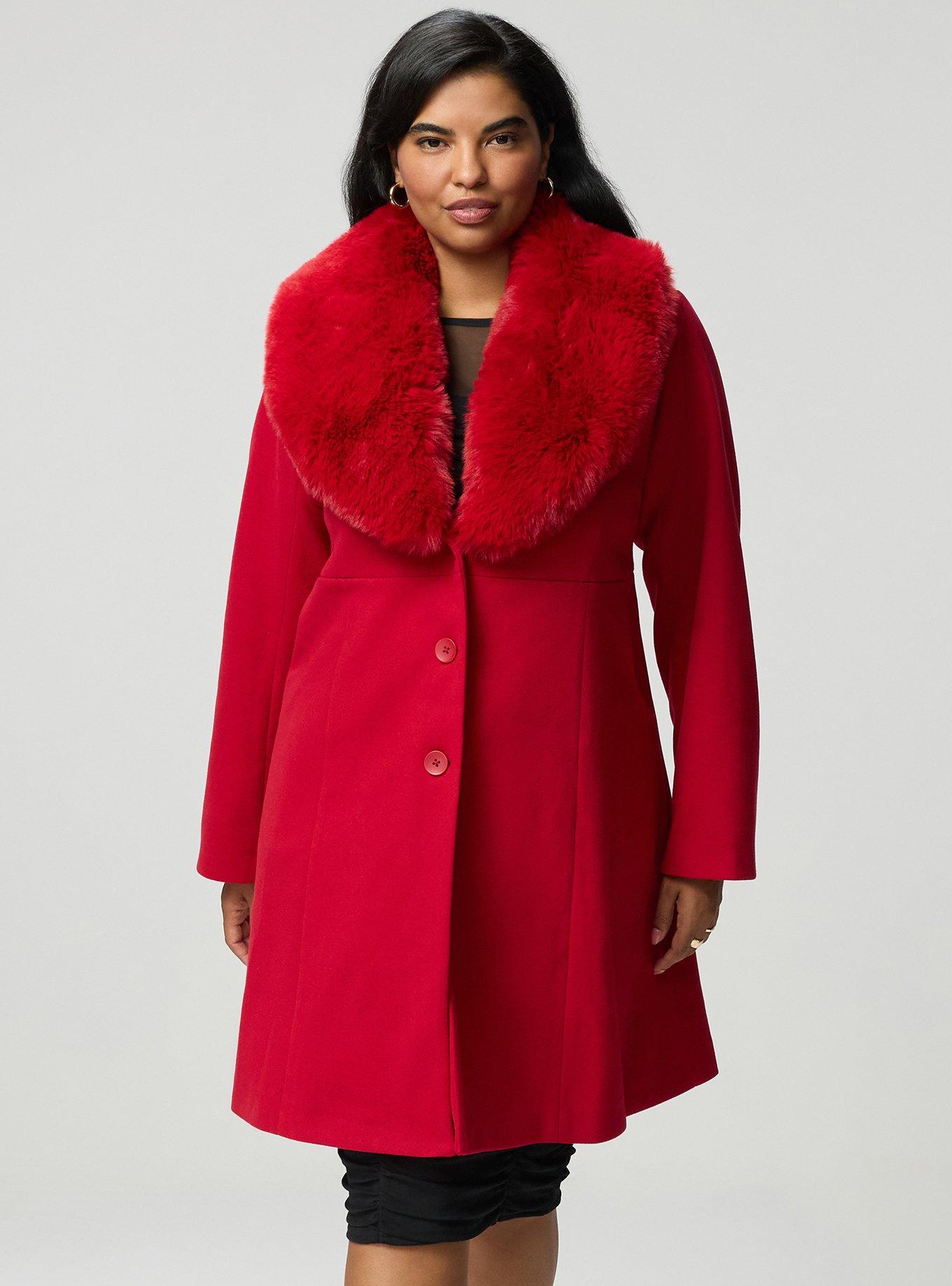 Plus Size Fit & Flare Faux Fur Collar Coat, JESTER RED, hi-res
