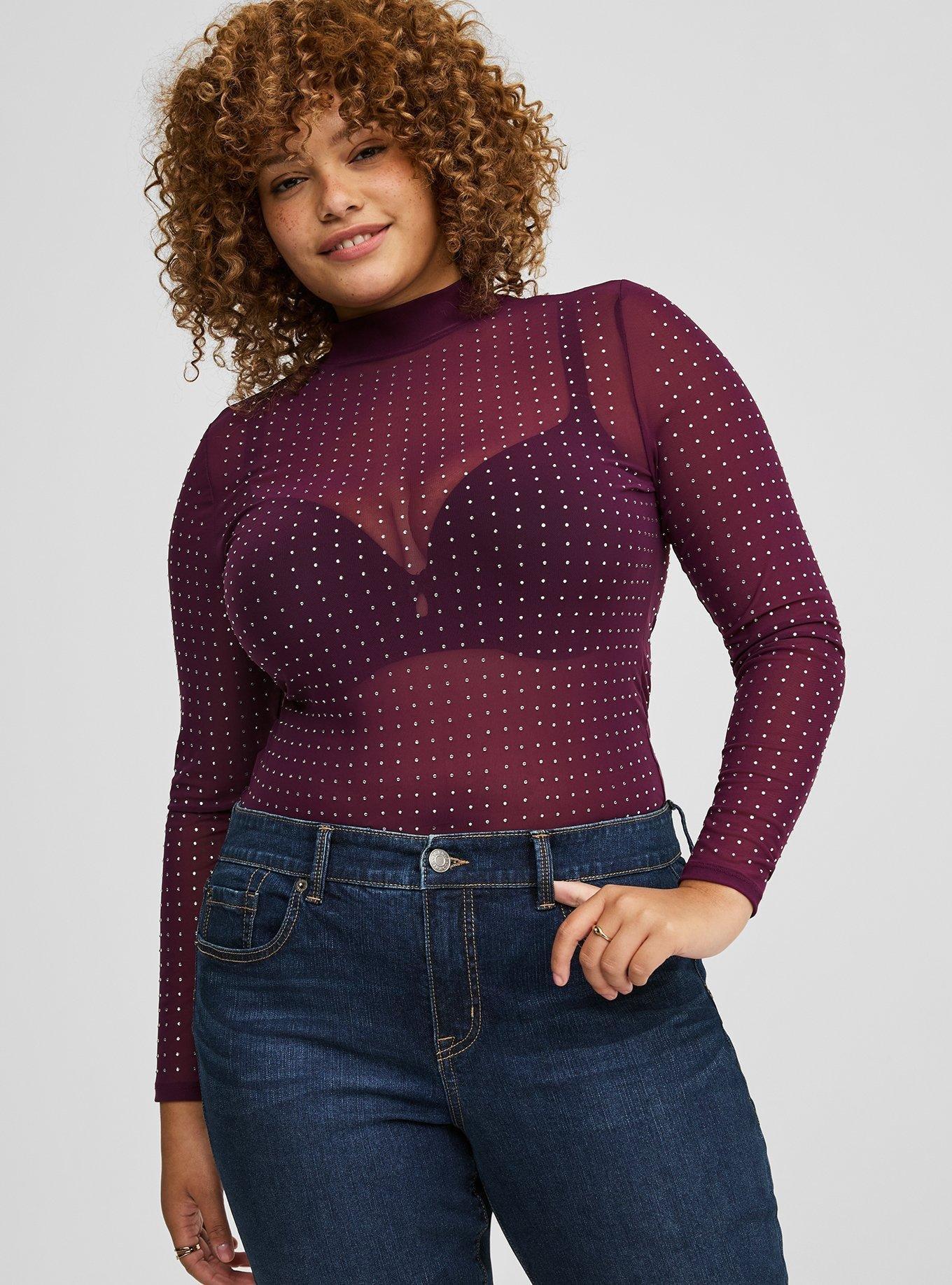 Mesh Mock Neck Rhinestone Top