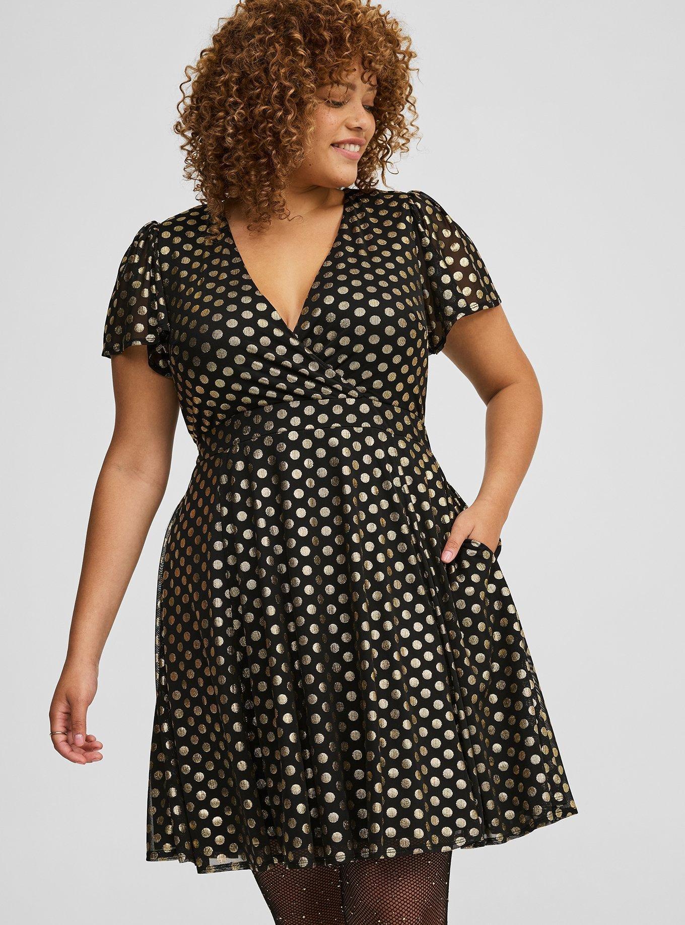 Plus Size Mesh Flutter Sleeve Mini Dress, DEEP BLACK W/ GOLD FOIL DOTS, alternate