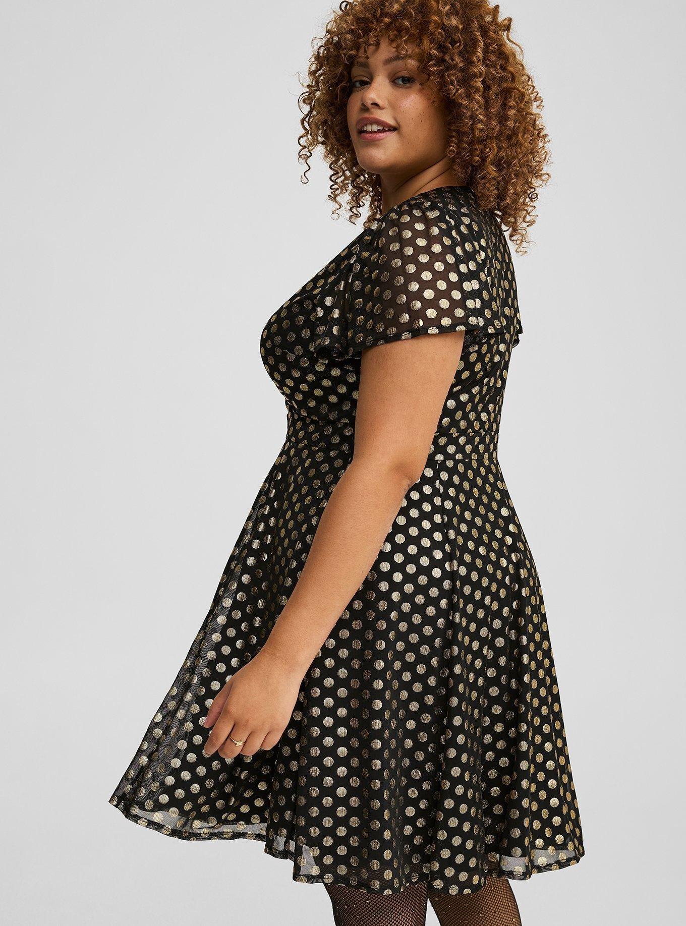 Plus Size Mesh Flutter Sleeve Mini Dress, DEEP BLACK W/ GOLD FOIL DOTS, alternate