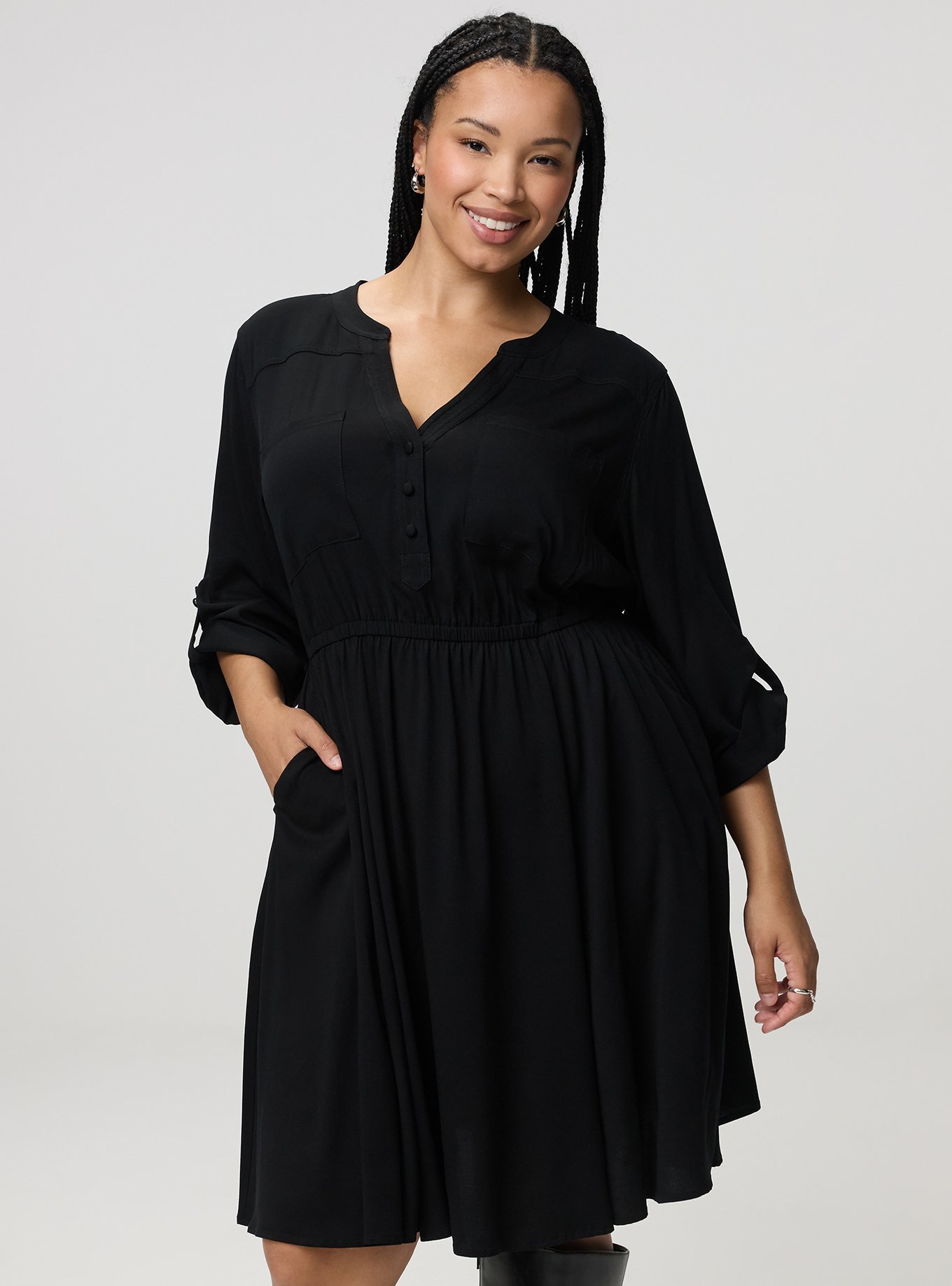Stretch Challis Shirt Mini Dress, DEEP BLACK, alternate