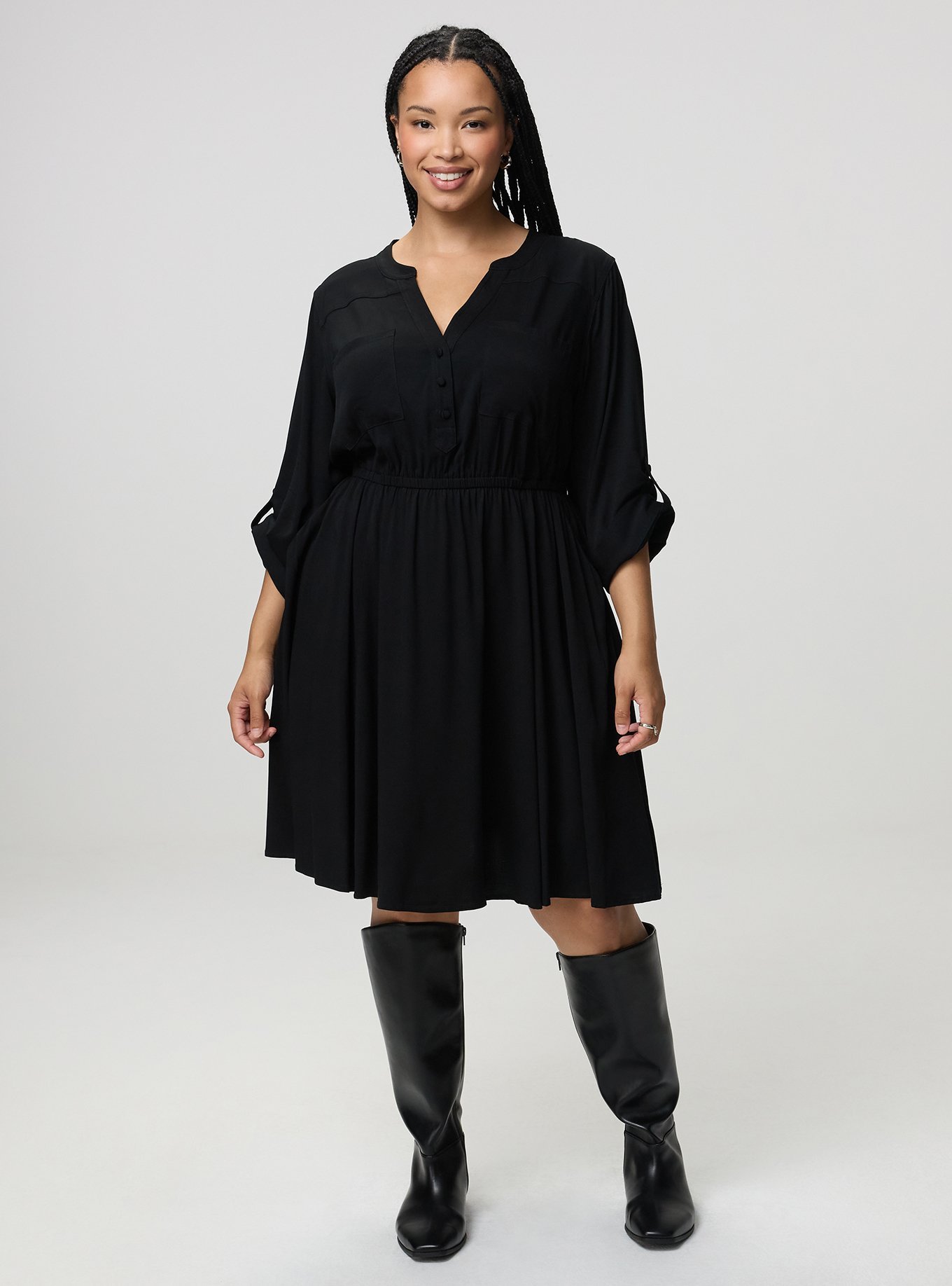 Stretch Challis Shirt Mini Dress, DEEP BLACK, hi-res