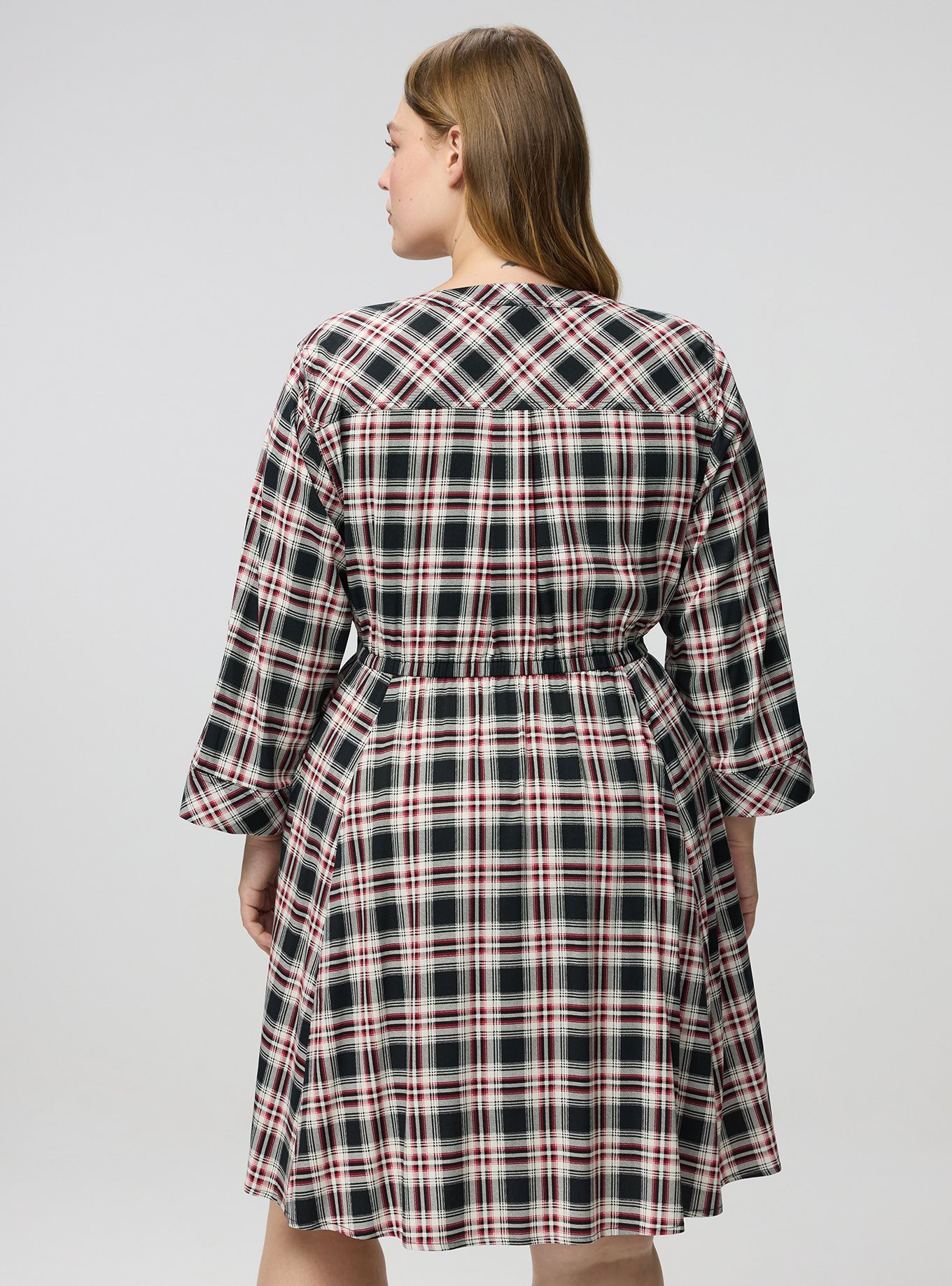 Stretch Challis Shirt Mini Dress, MALIA PLAID BLACK, alternate