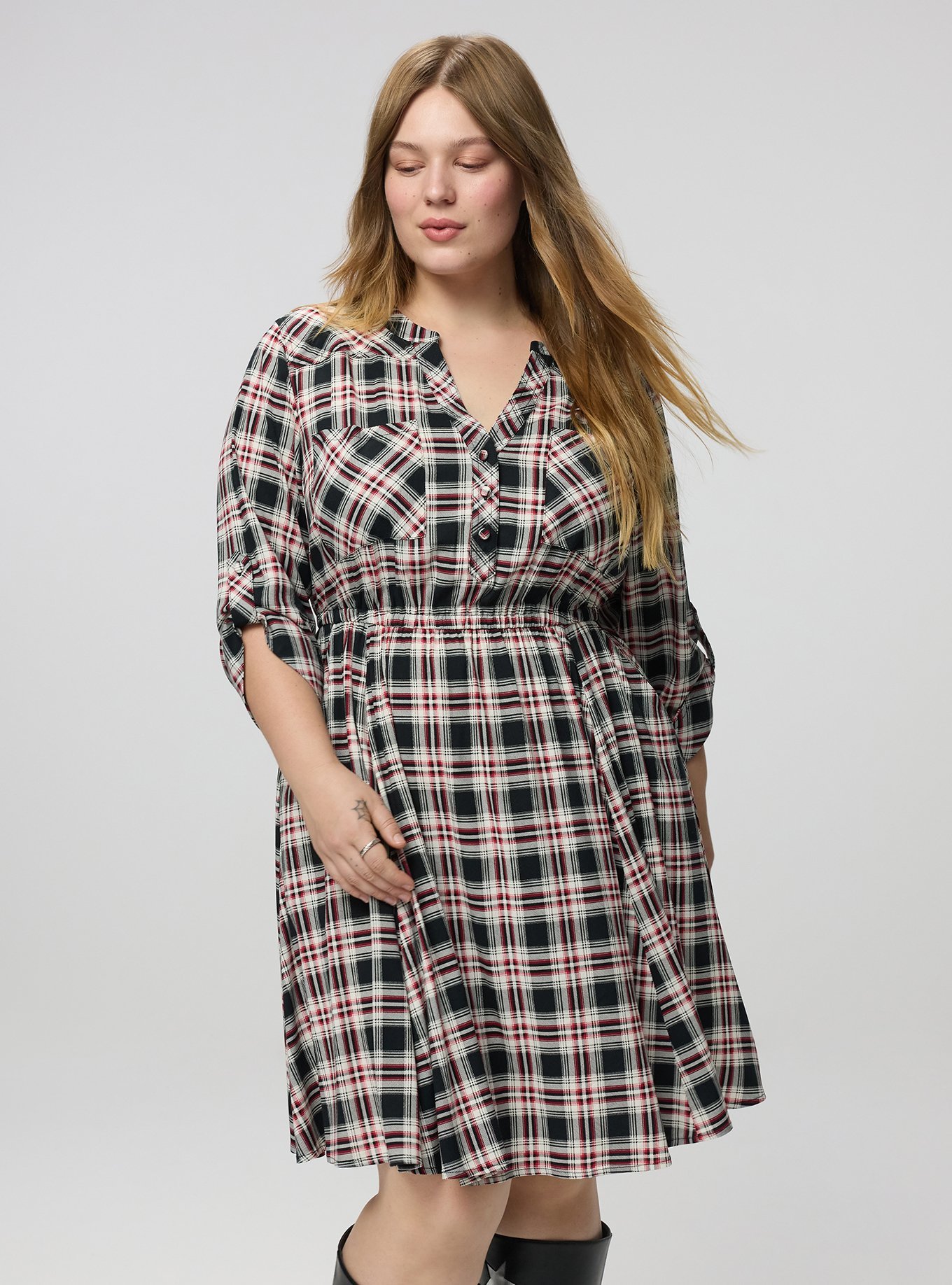 Stretch Challis Shirt Mini Dress, MALIA PLAID BLACK, alternate