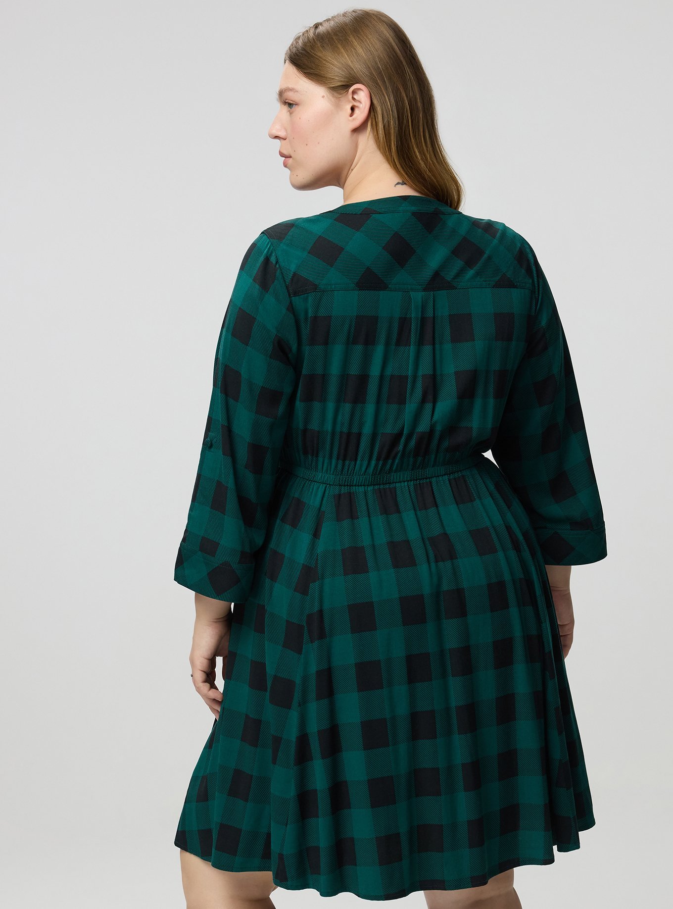 Stretch Challis Shirt Mini Dress, BUFFALO PLAID EMERALD, alternate