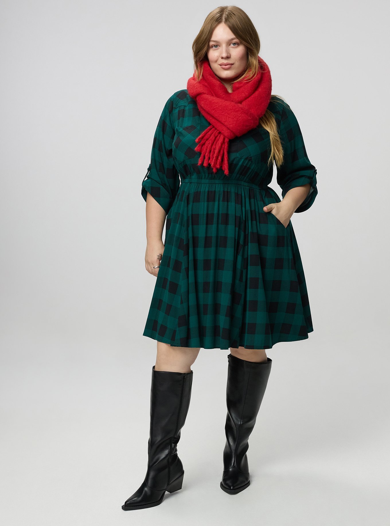 Stretch Challis Shirt Mini Dress, BUFFALO PLAID EMERALD, alternate