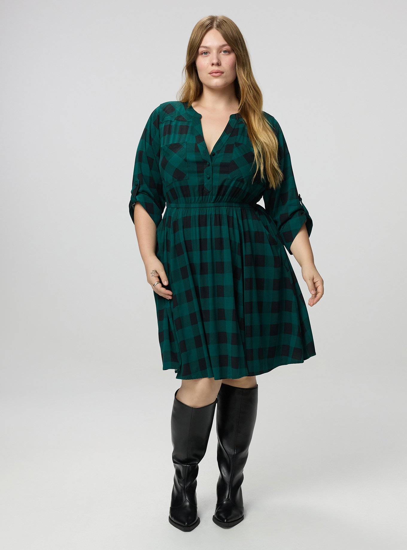 Stretch Challis Shirt Mini Dress, BUFFALO PLAID EMERALD, alternate