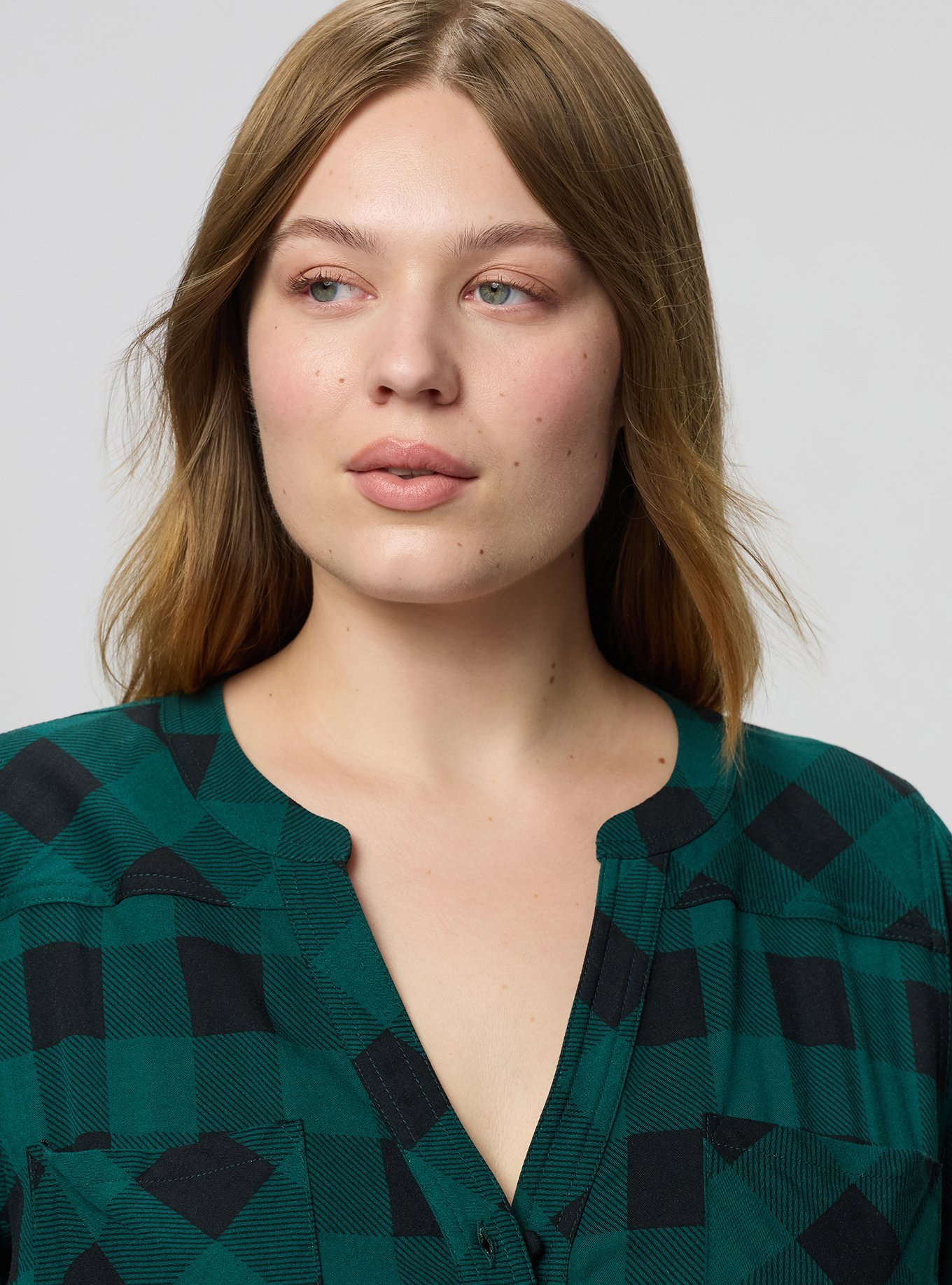 Stretch Challis Shirt Mini Dress, BUFFALO PLAID EMERALD, alternate