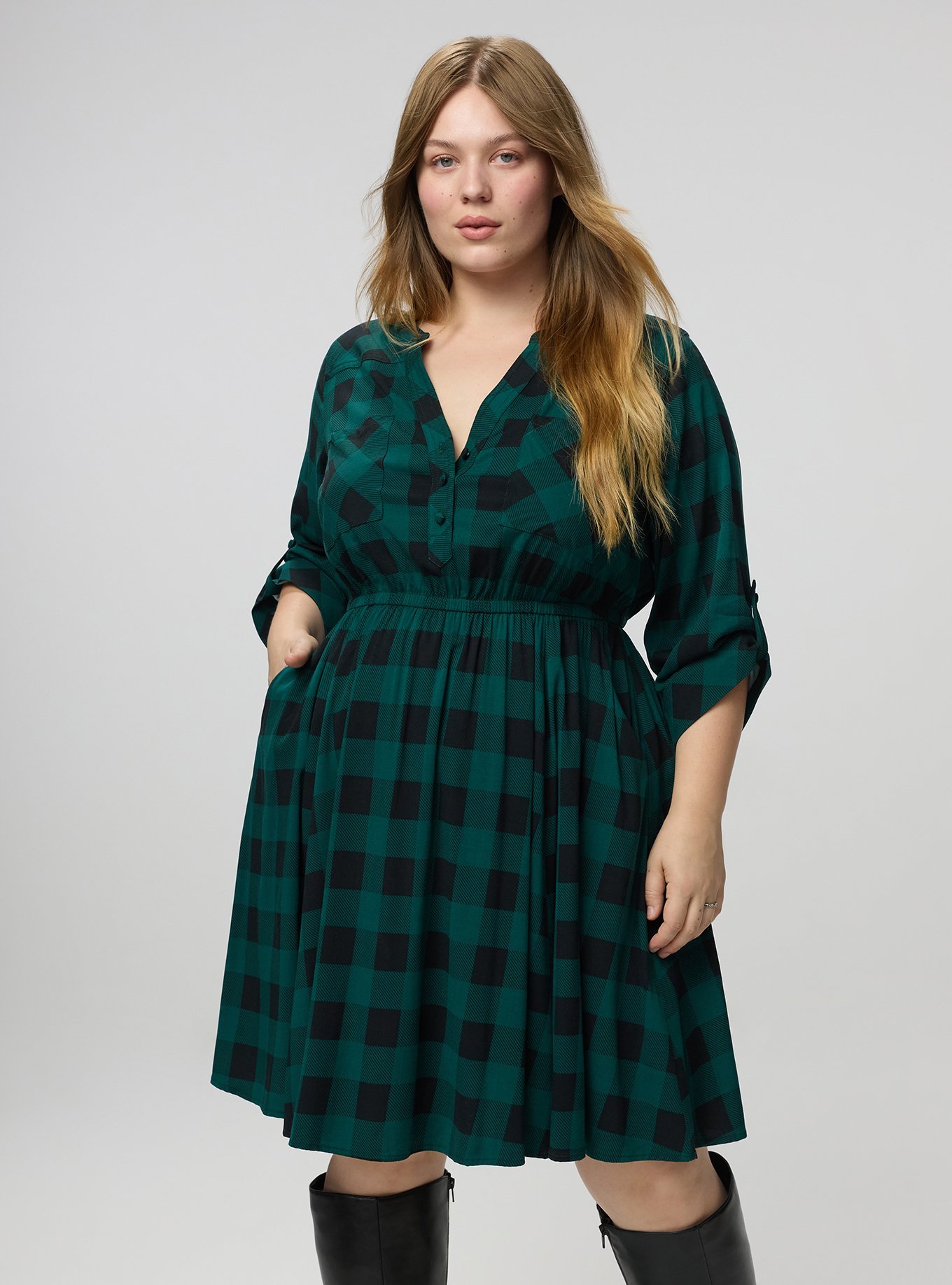 Stretch Challis Shirt Mini Dress, BUFFALO PLAID EMERALD, hi-res