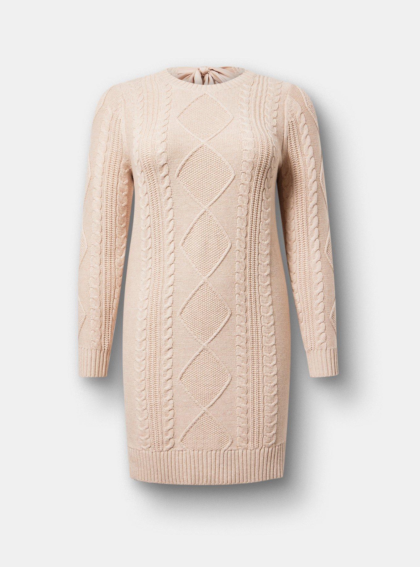 Women's Cable Knit Crew Sweater Dress in Beige-Tan, Size 14/16, Plus Size by Torrid