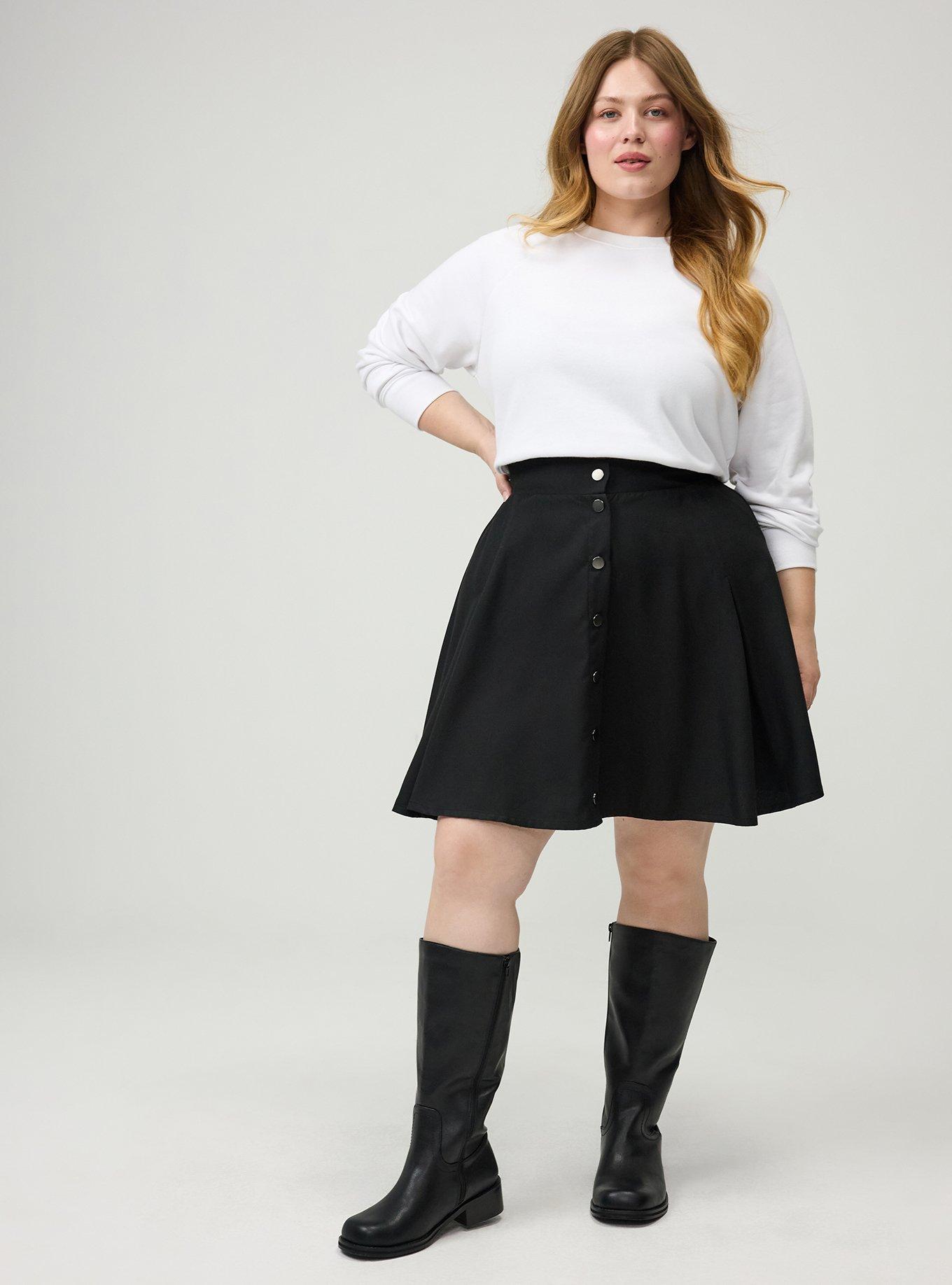 Skater Button-Front Mini Skirt, DEEP BLACK, hi-res