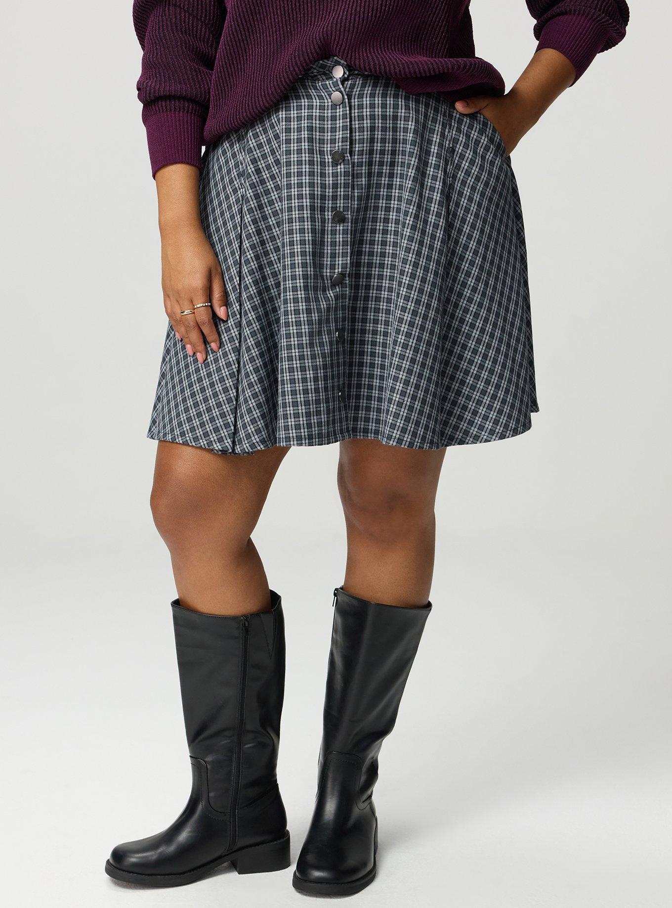 Skater Button-Front Mini Skirt, INGRID PLAID GREY, alternate