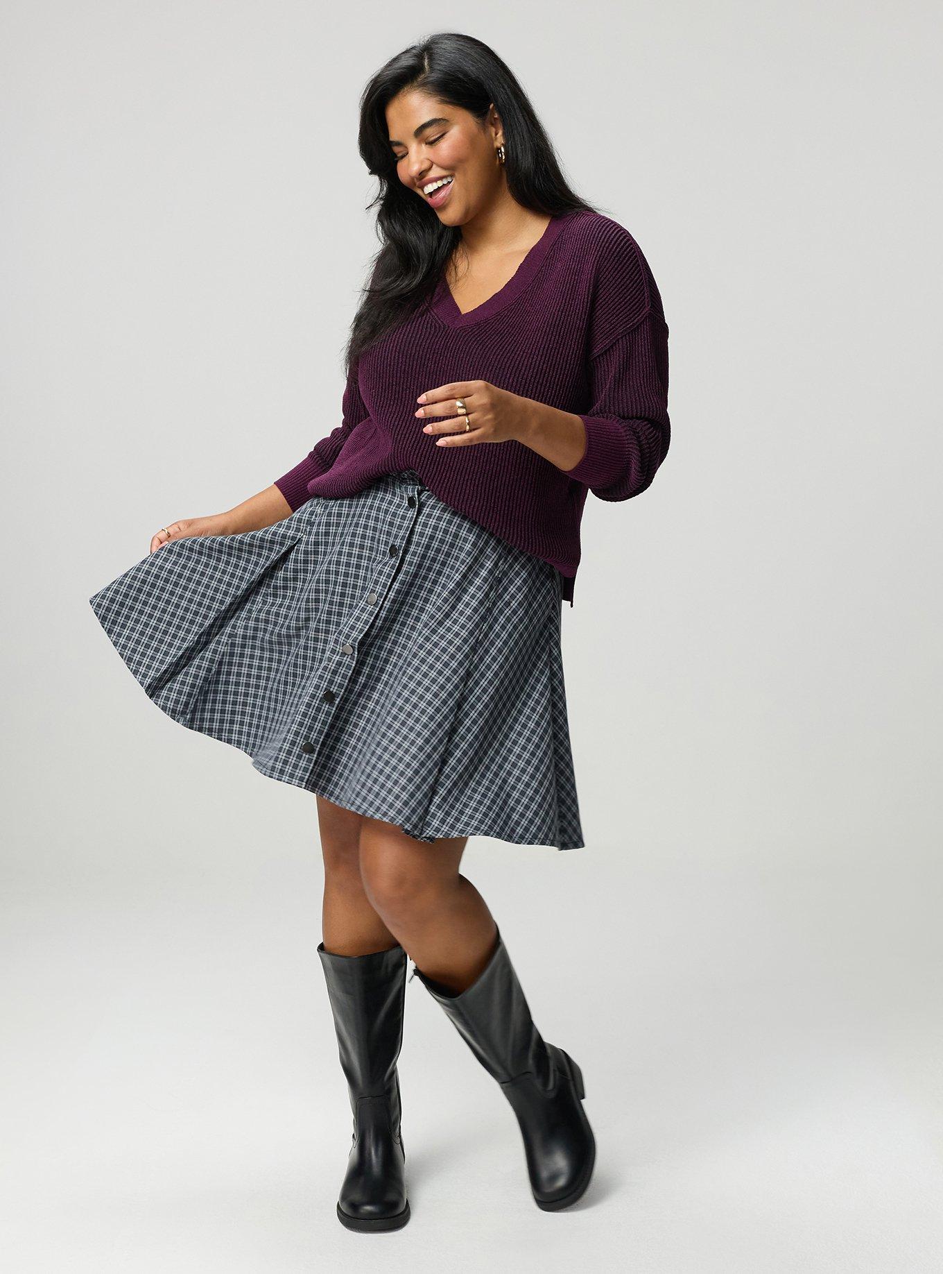 Skater Button-Front Mini Skirt, INGRID PLAID GREY, alternate