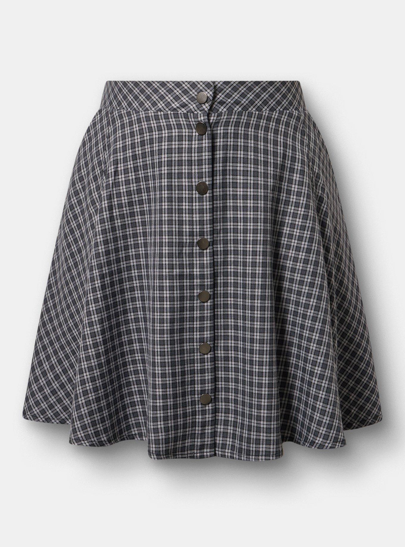 Skater Button-Front Mini Skirt, INGRID PLAID GREY, flat
