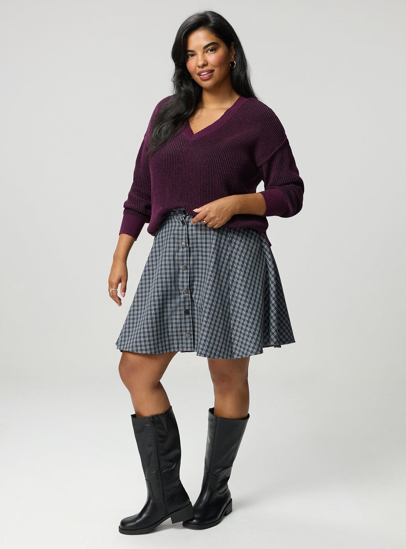Skater Button-Front Mini Skirt, INGRID PLAID GREY, hi-res