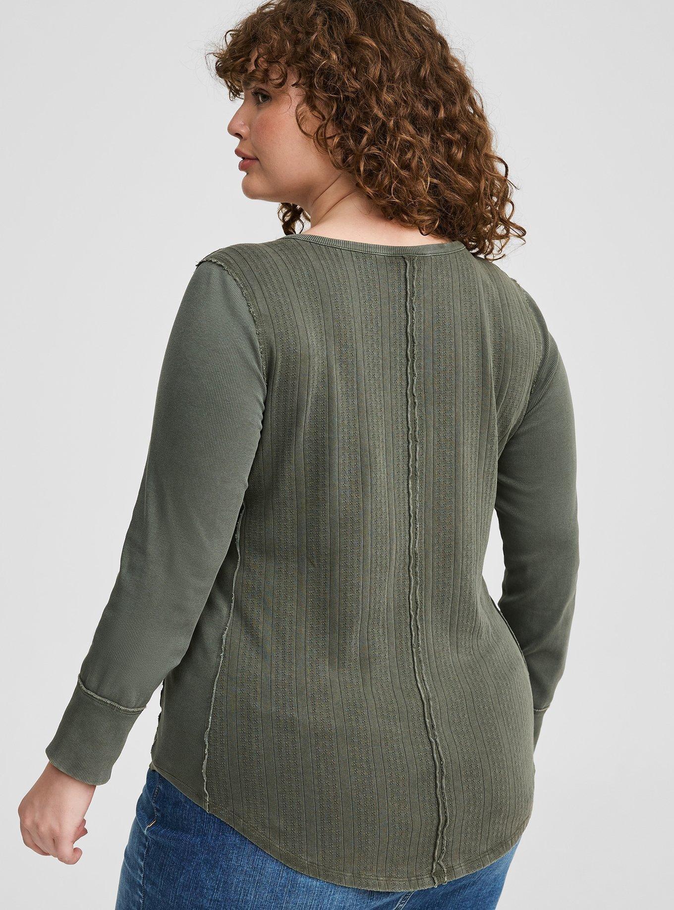 Pointelle V-Neck Henley Long Sleeve Smocked Top