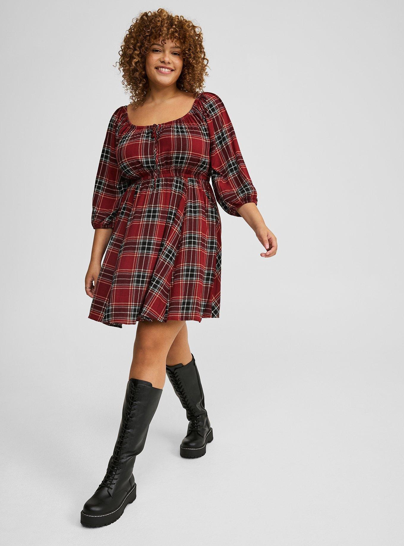 knee length dresses for ladies Red Tartan Plaid Button Down Ruffly Long Sleeve Mini Dress Red / S / 59%Polyester+41%Cotton