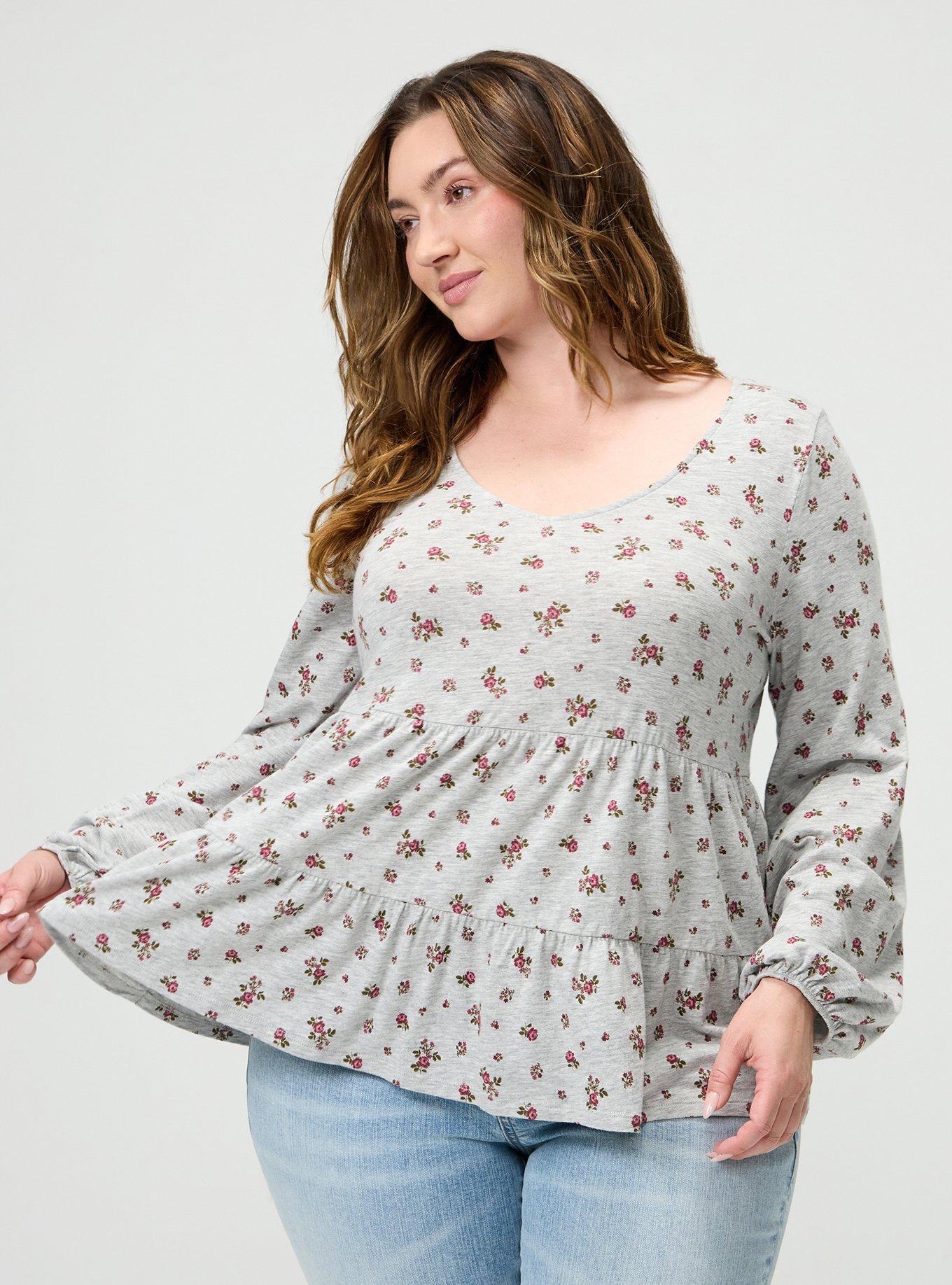 Plus Size Tiered Long Sleeve Top, MEG DITSY FLORA PINK, alternate