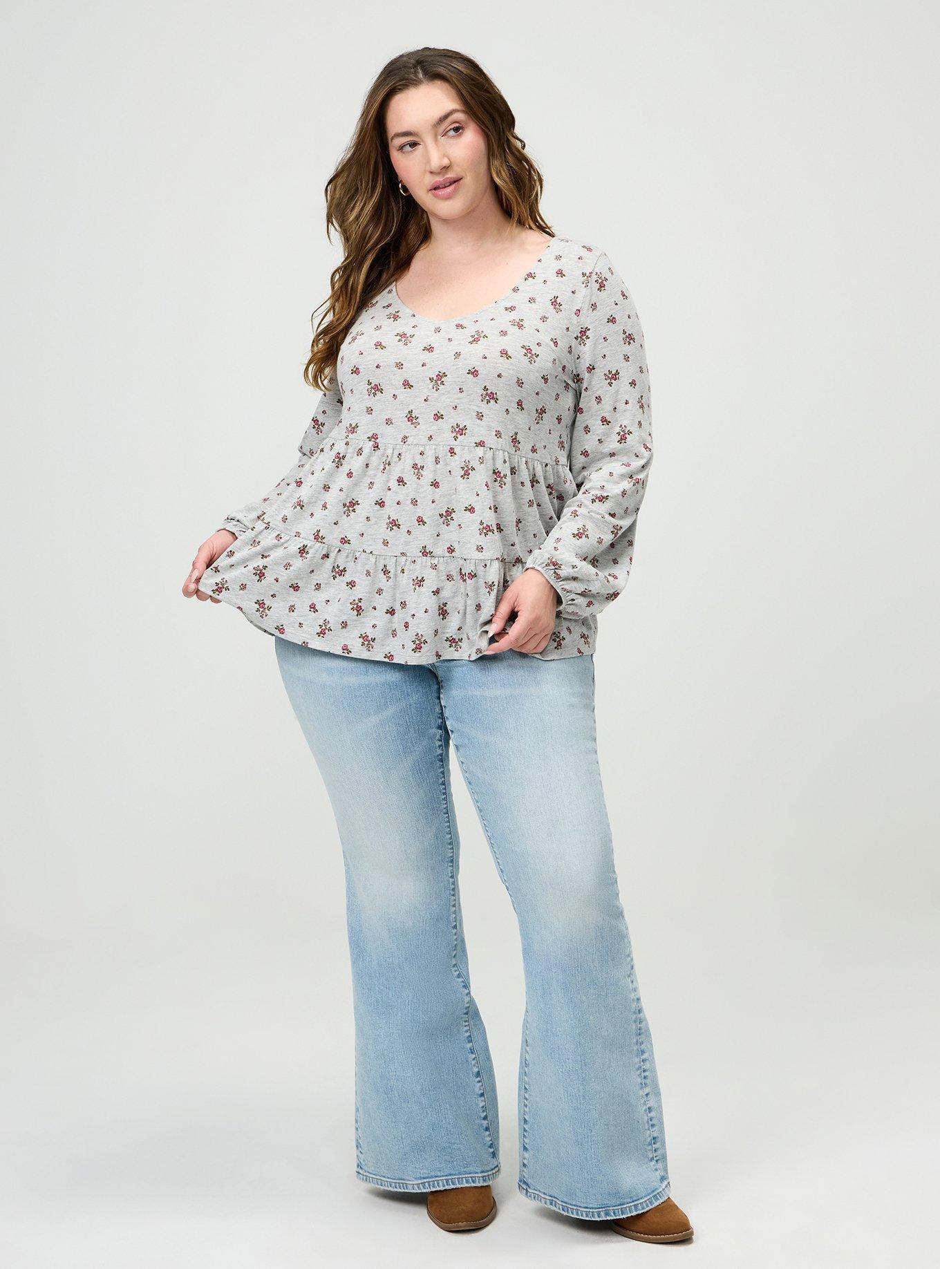 Plus Size Tiered Long Sleeve Top, MEG DITSY FLORA PINK, alternate