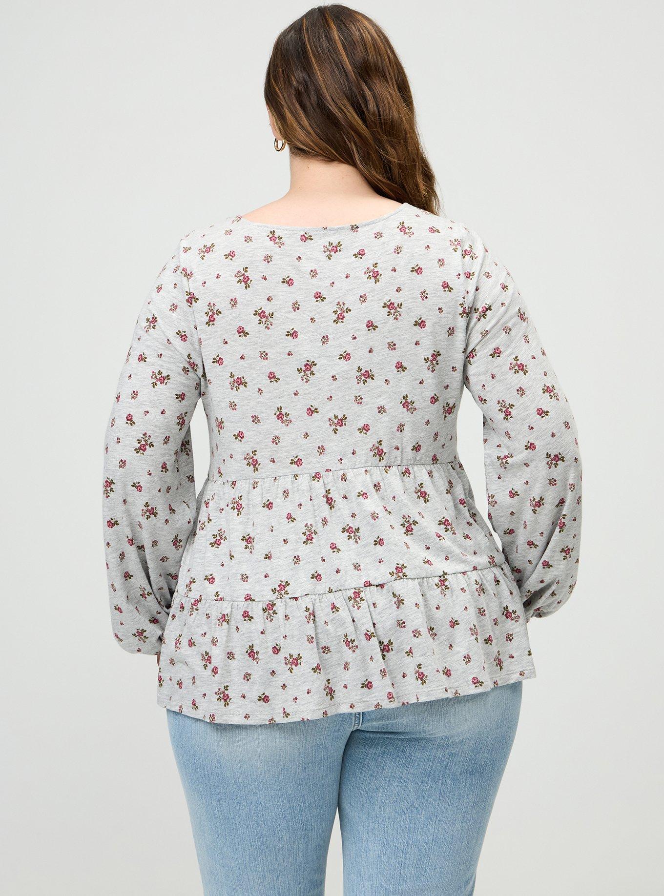 Plus Size Tiered Long Sleeve Top, MEG DITSY FLORA PINK, alternate