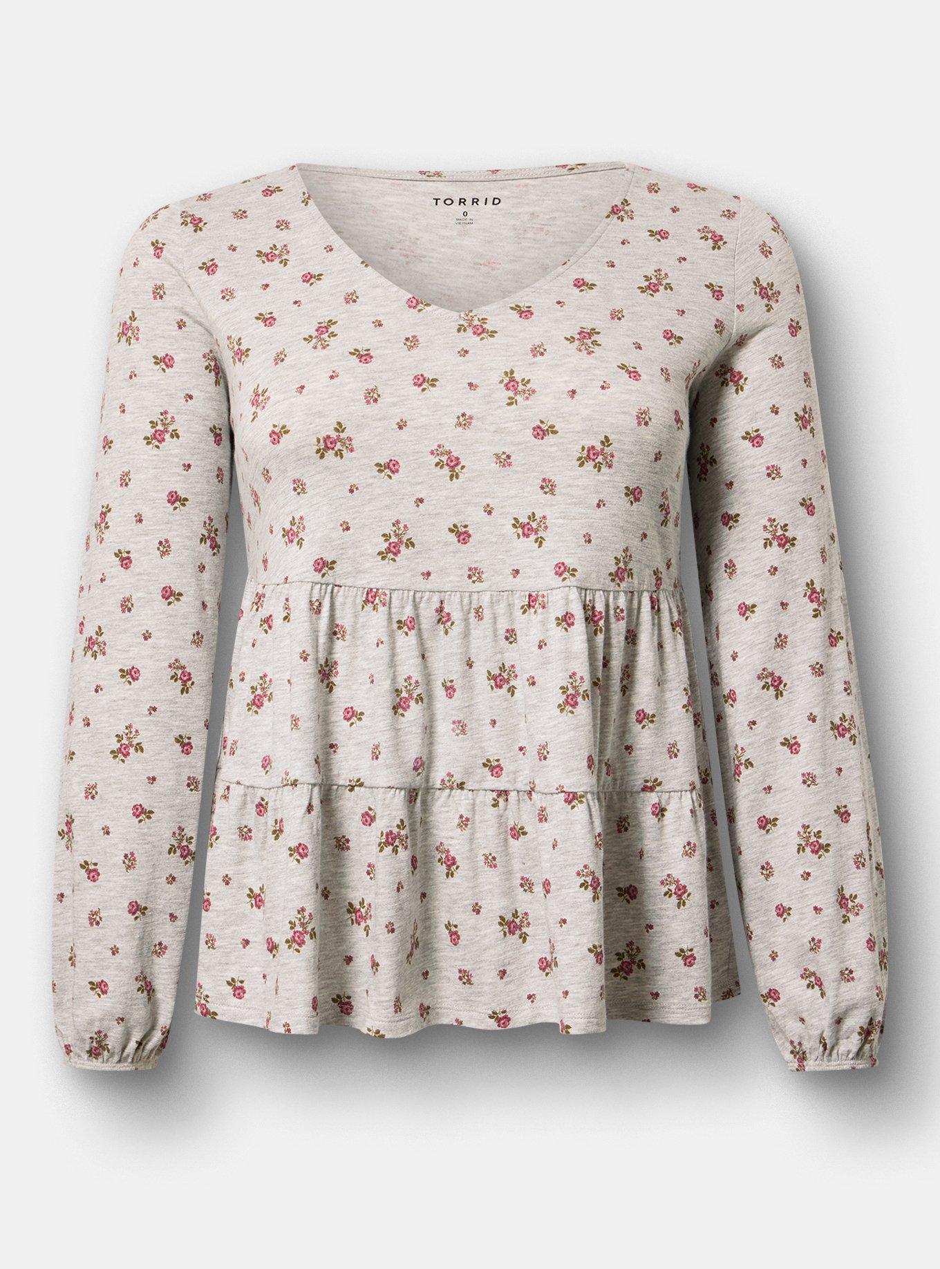 Plus Size Tiered Long Sleeve Top, MEG DITSY FLORA PINK, hi-res