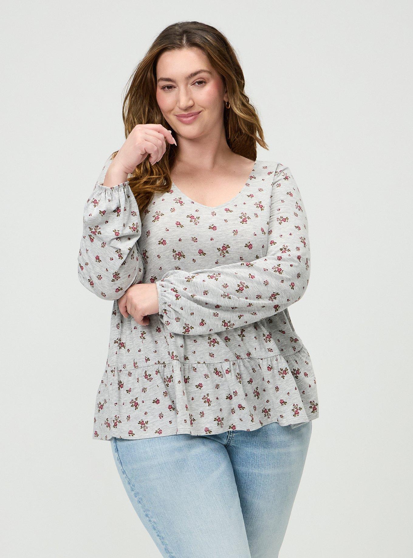Plus Size Tiered Long Sleeve Top, MEG DITSY FLORA PINK, hi-res