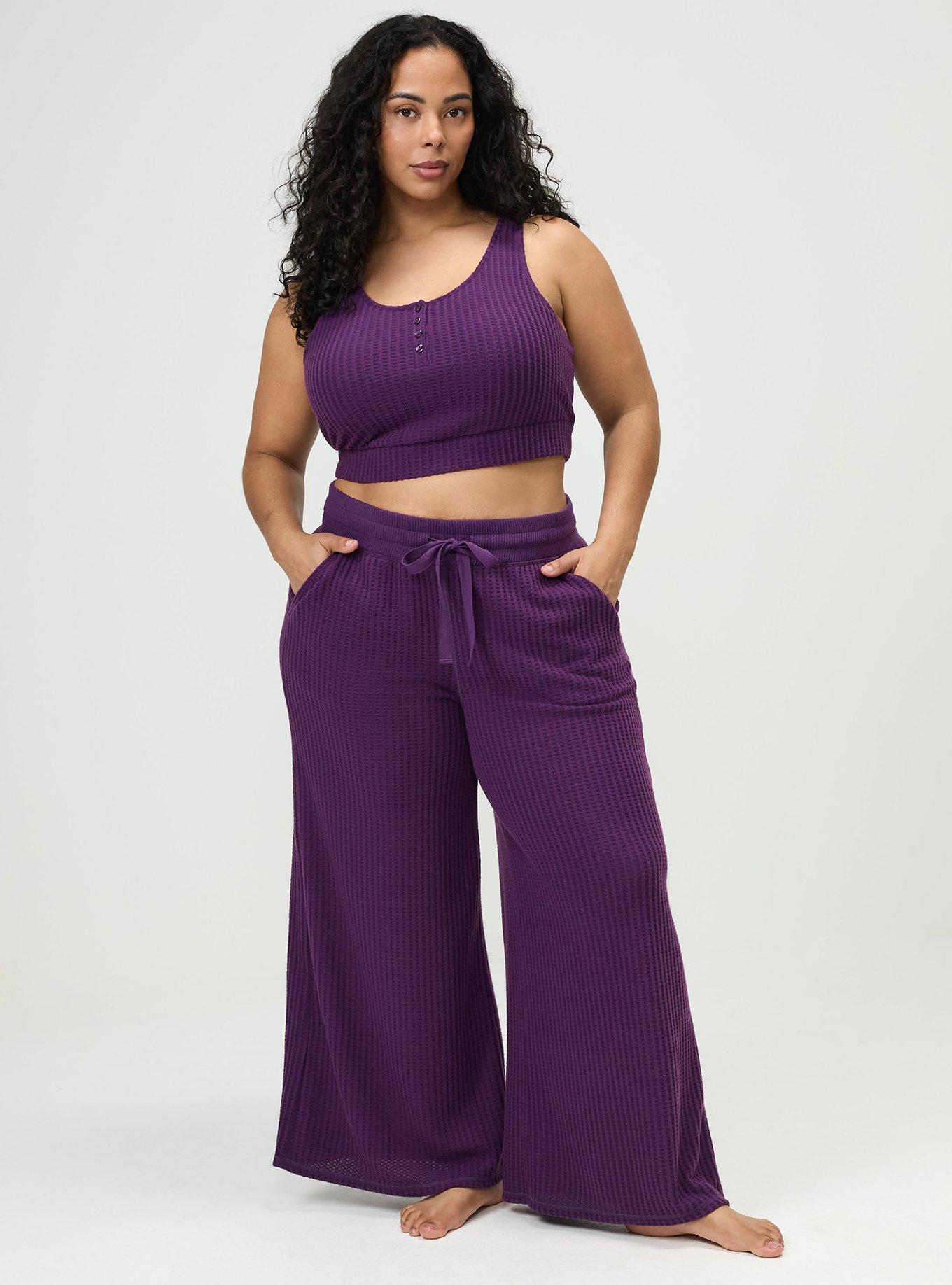 Plus Size Super Soft Plush Waffle Henley Crop Lounge Tank, GRAPE ROYALE, alternate