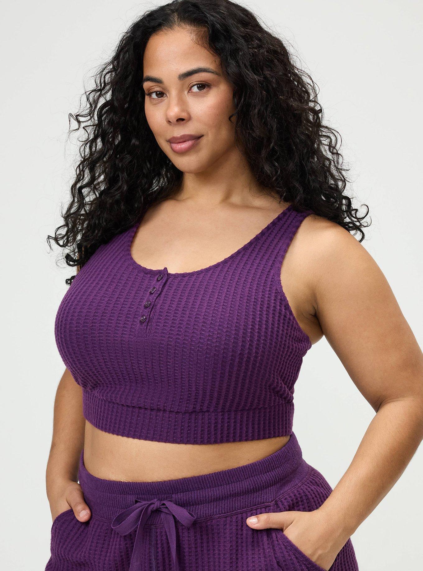 Plus Size Super Soft Plush Waffle Henley Crop Lounge Tank, GRAPE ROYALE, alternate