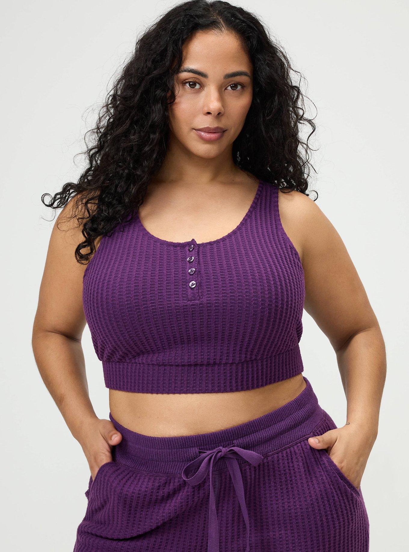 Plus Size Super Soft Plush Waffle Henley Crop Lounge Tank, GRAPE ROYALE, hi-res