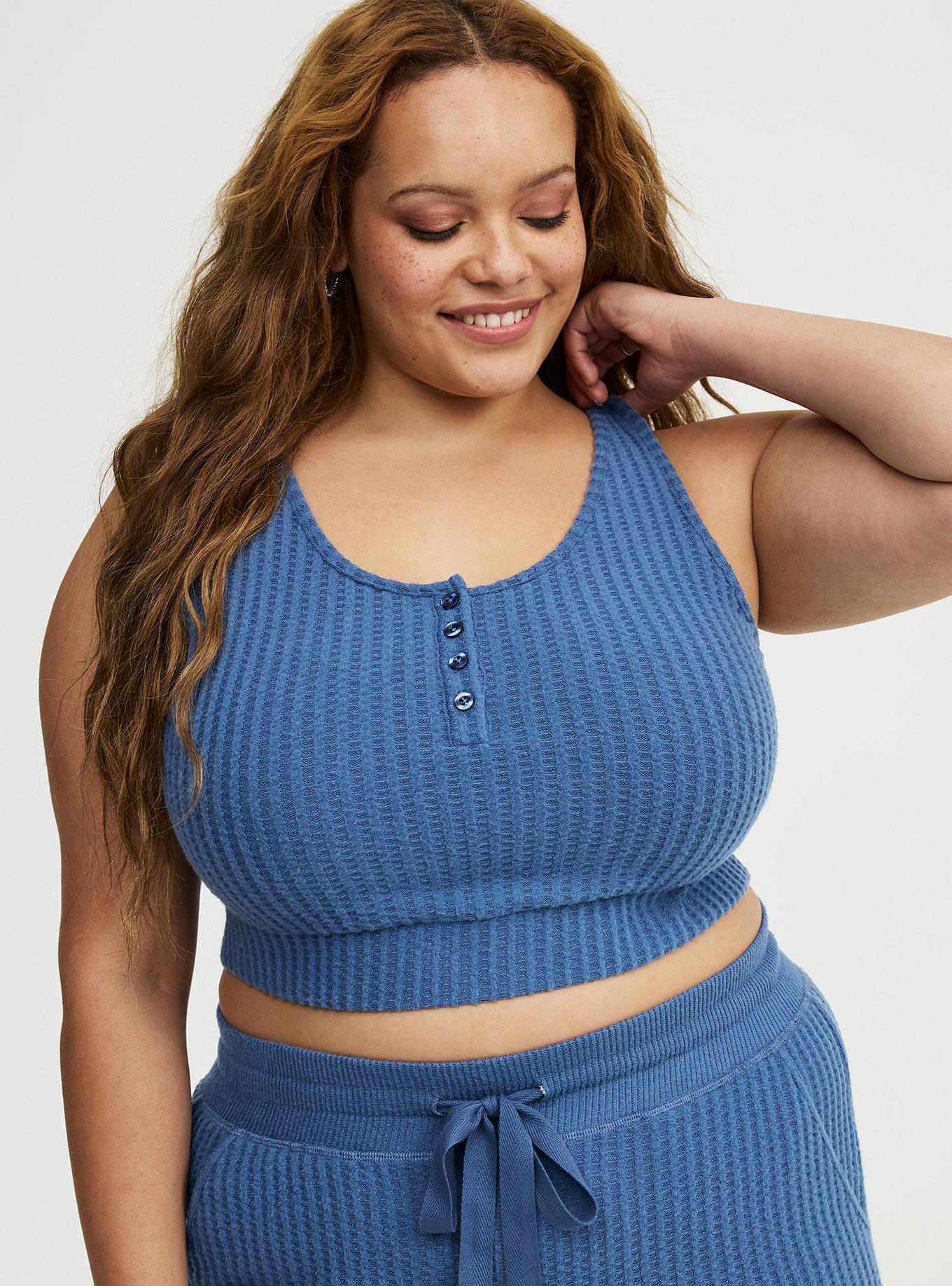 Super Soft Plush Waffle Henley Crop Lounge Tank, BLUE HORIZON, alternate