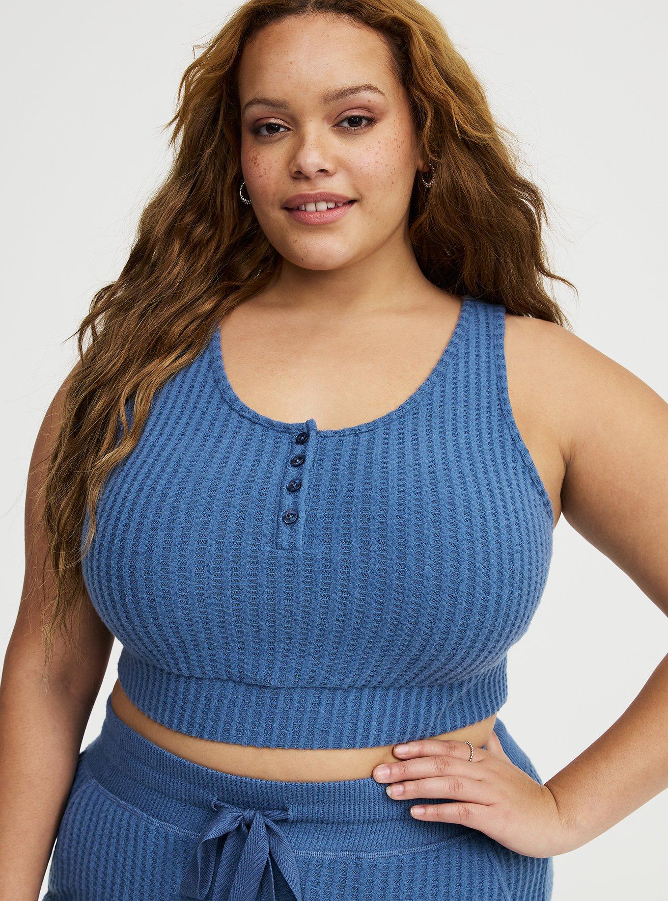 Plus Size Super Soft Plush Waffle Henley Crop Lounge Tank, BLUE HORIZON, hi-res