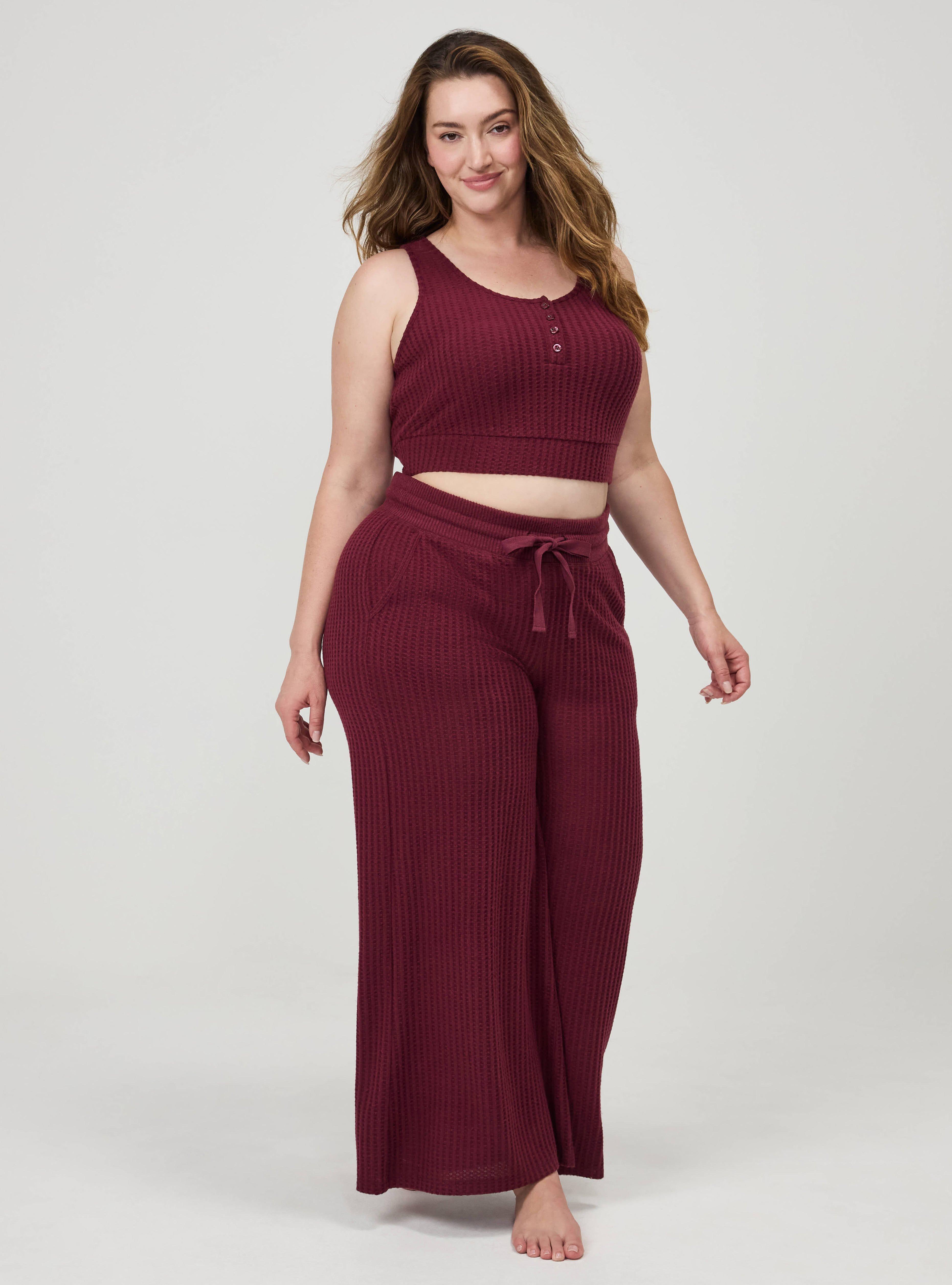 Plus Size Super Soft Plush Waffle Henley Crop Lounge Tank, MAROON BANNER, alternate