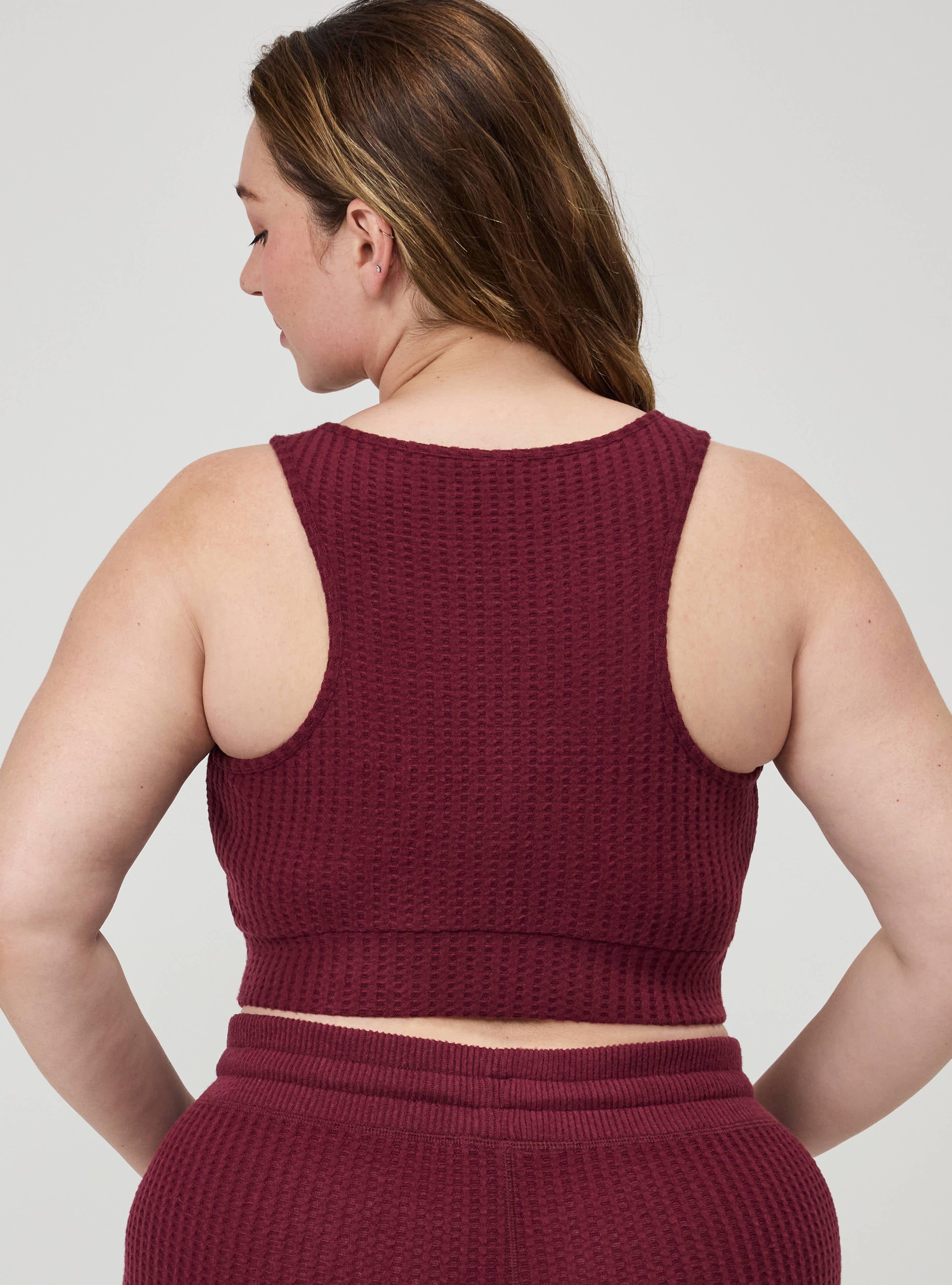 Plus Size Super Soft Plush Waffle Henley Crop Lounge Tank, MAROON BANNER, alternate
