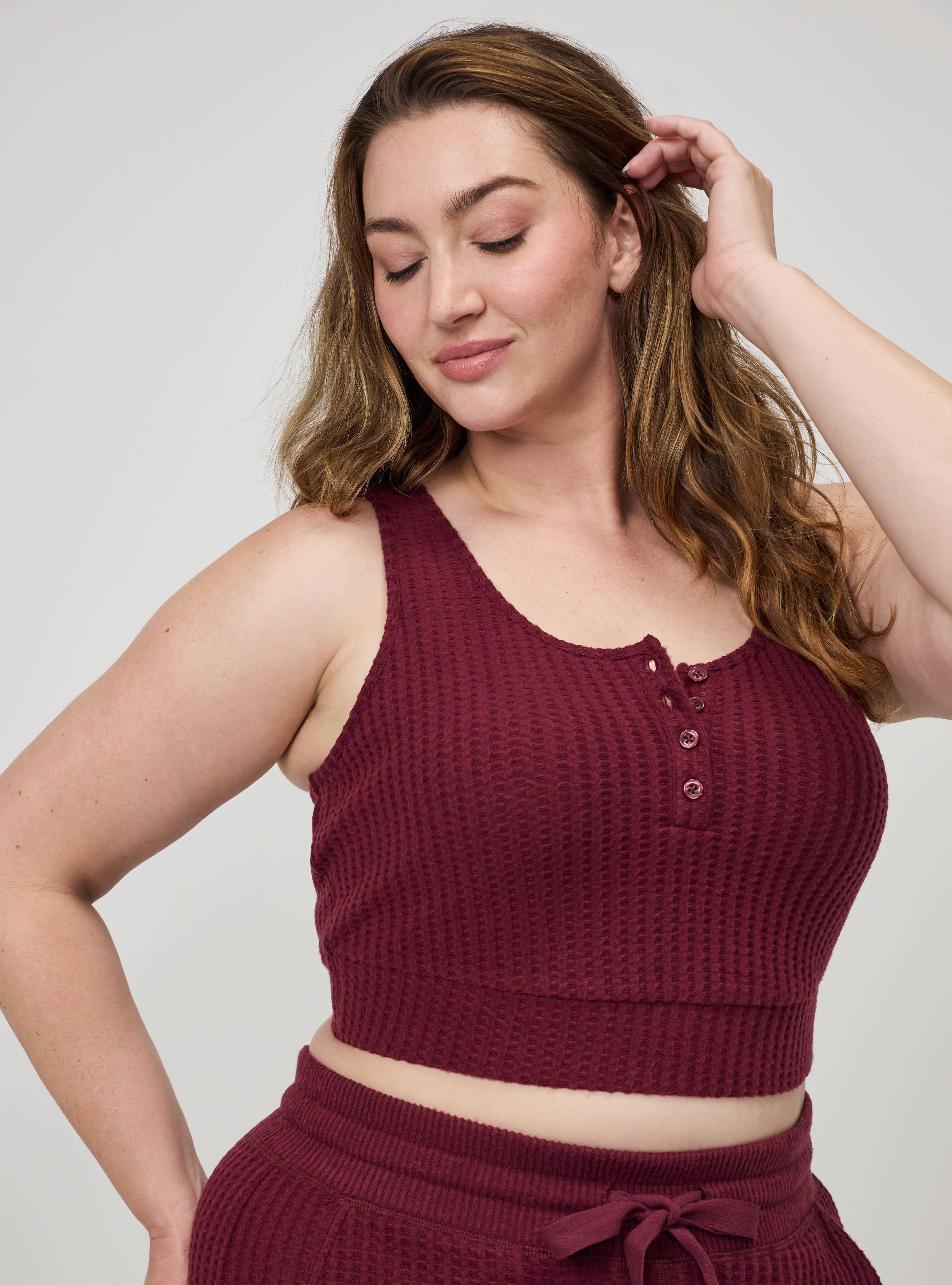 Plus Size Super Soft Plush Waffle Henley Crop Lounge Tank, MAROON BANNER, alternate