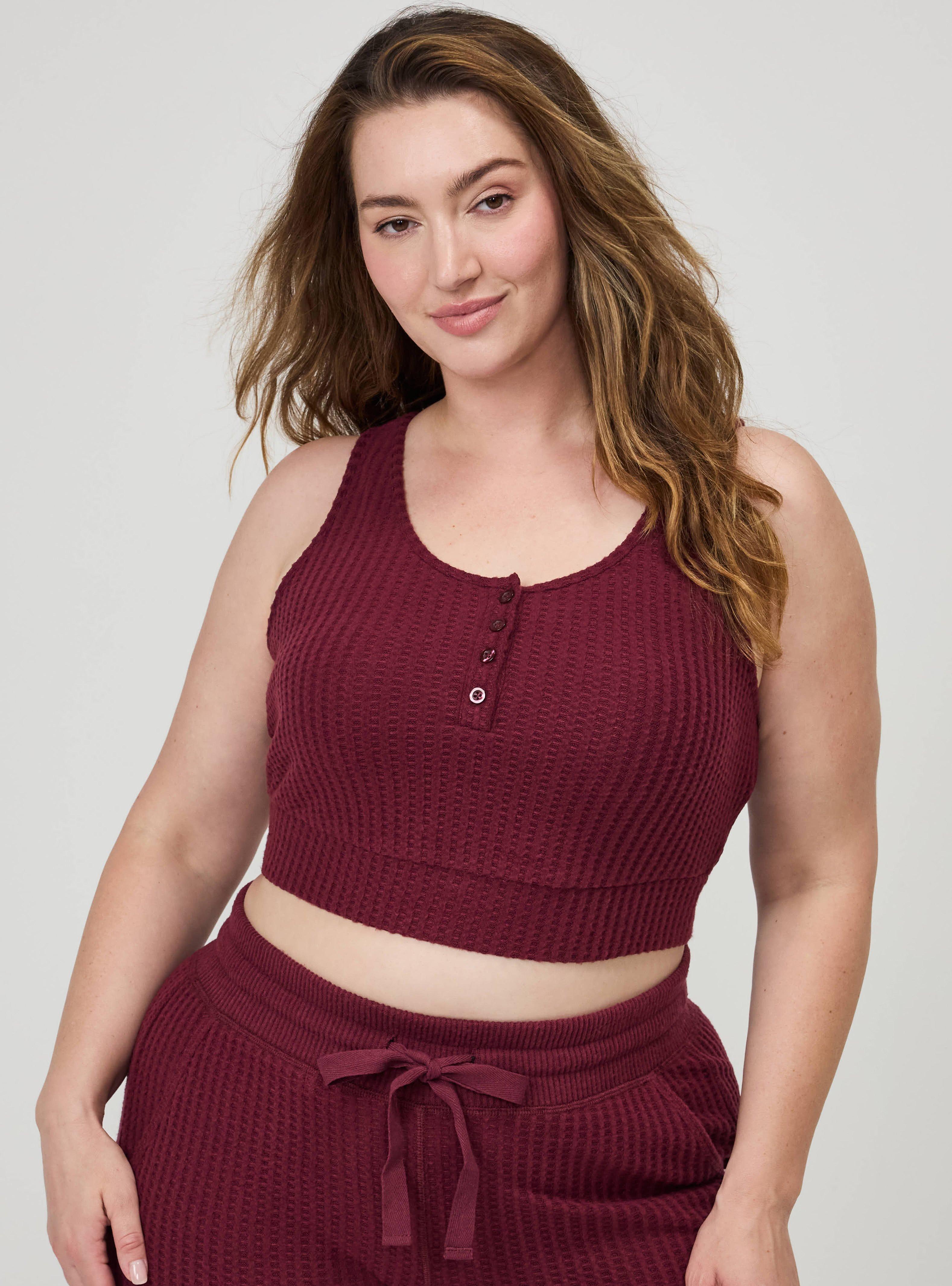 Plus Size Super Soft Plush Waffle Henley Crop Lounge Tank, MAROON BANNER, hi-res