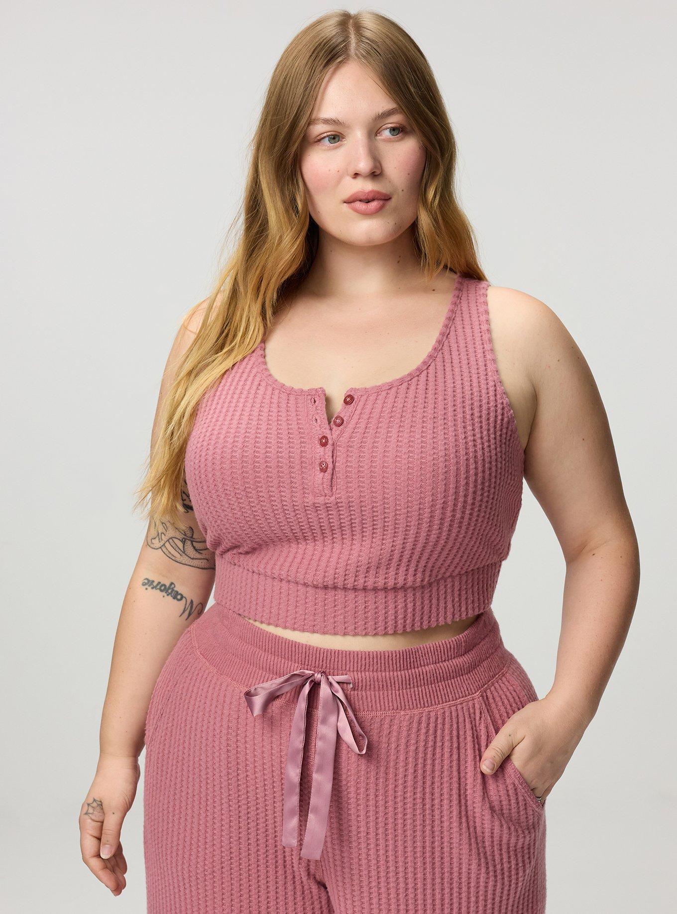 Super Soft Plush Waffle Henley Crop Lounge Tank, MESA ROSE, hi-res