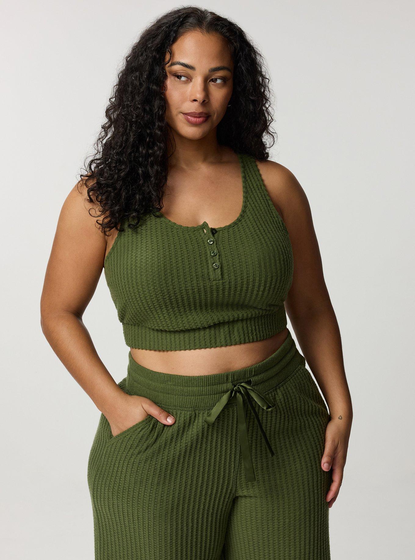 Super Soft Plush Waffle Henley Crop Lounge Tank, BRONZE GREEN, alternate