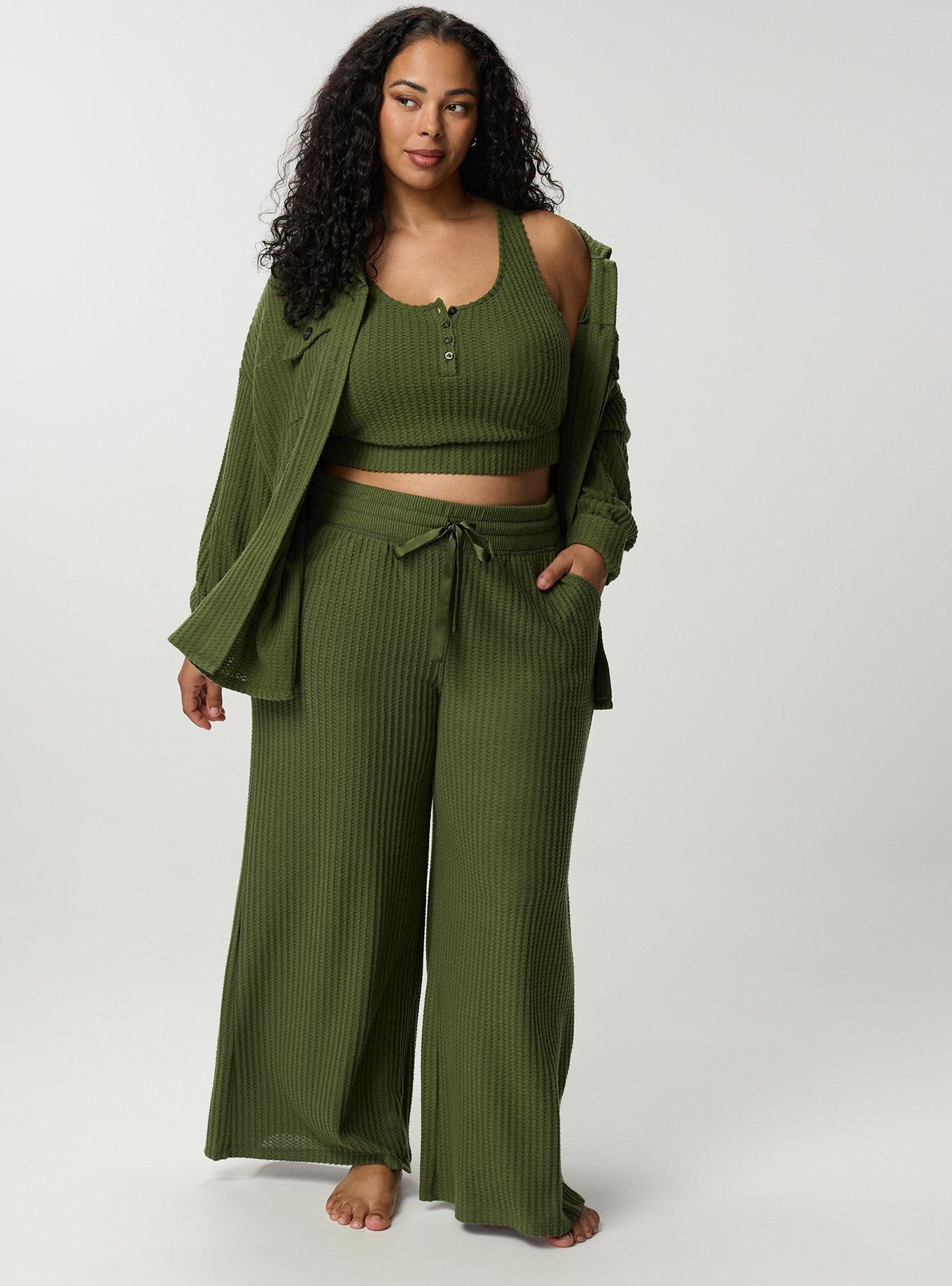 Super Soft Plush Waffle Henley Crop Lounge Tank, BRONZE GREEN, alternate