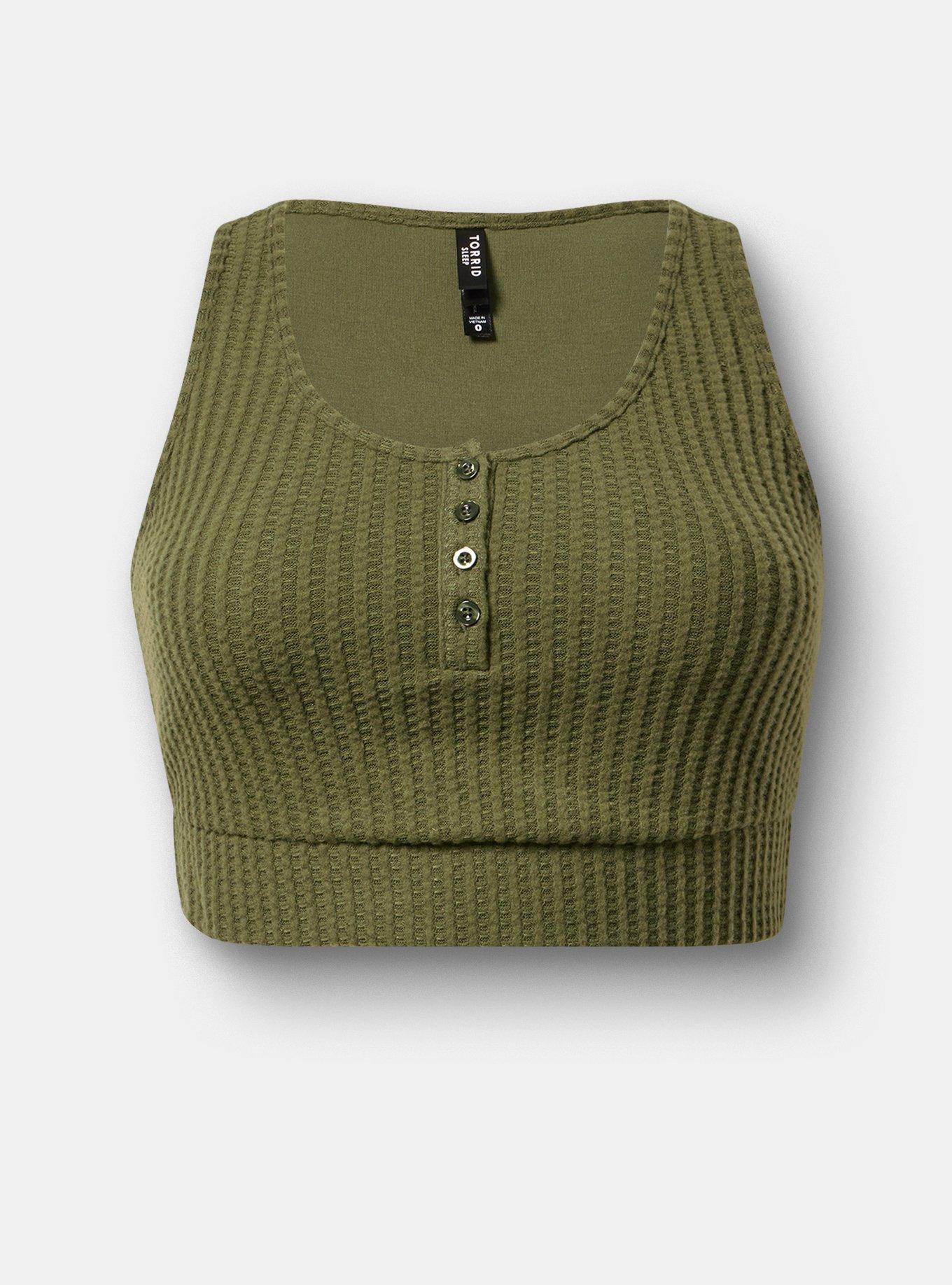 Super Soft Plush Waffle Henley Crop Lounge Tank, BRONZE GREEN, hi-res