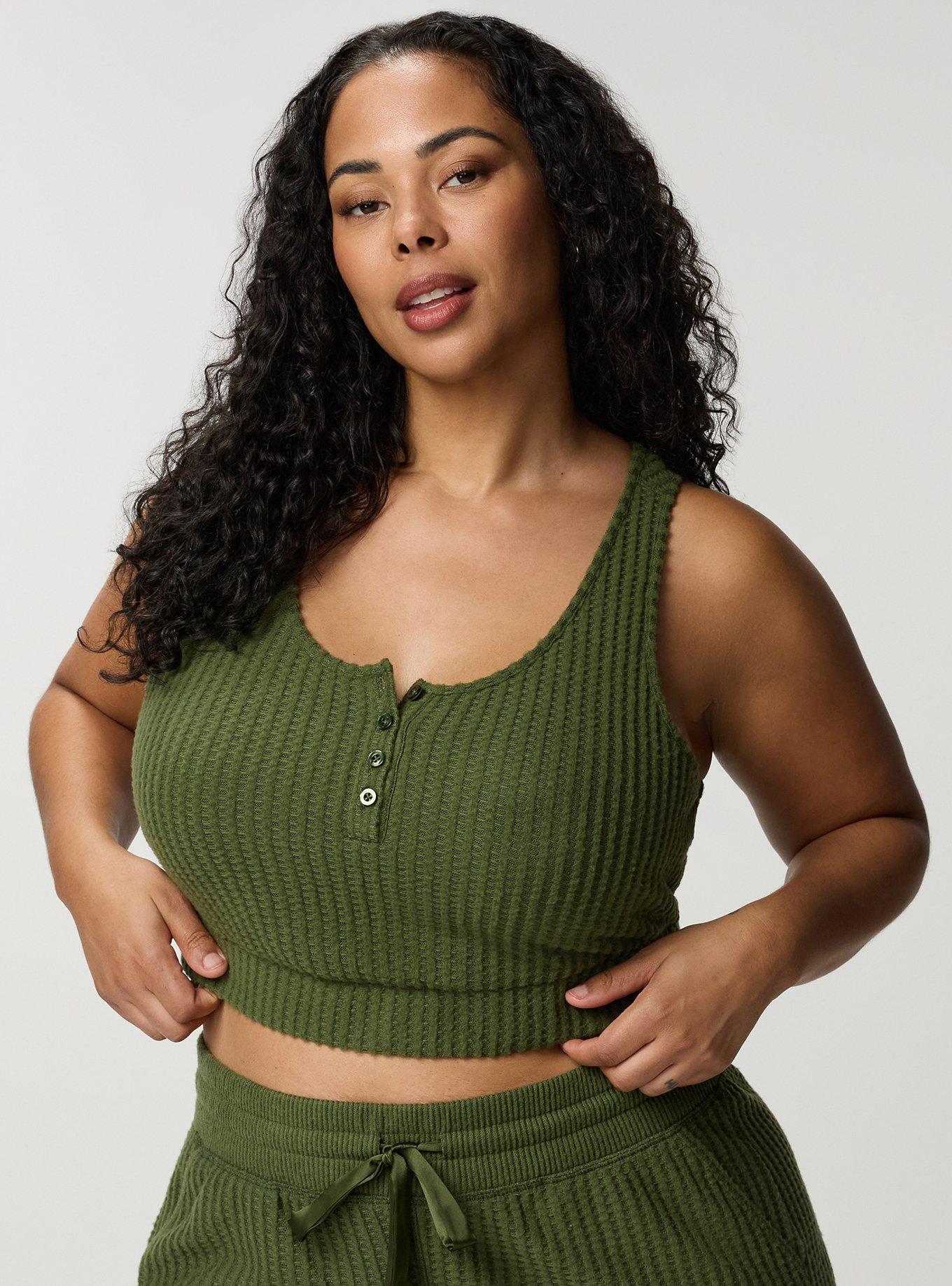 Super Soft Plush Waffle Henley Crop Lounge Tank, BRONZE GREEN, hi-res