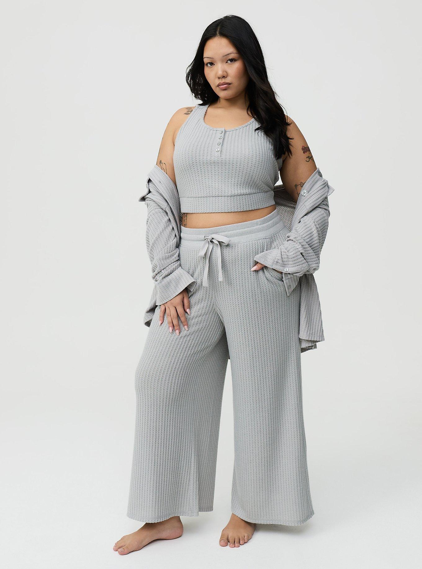 Super Soft Plush Waffle Henley Crop Lounge Tank, LIGHTEST HEATHER GREY, alternate