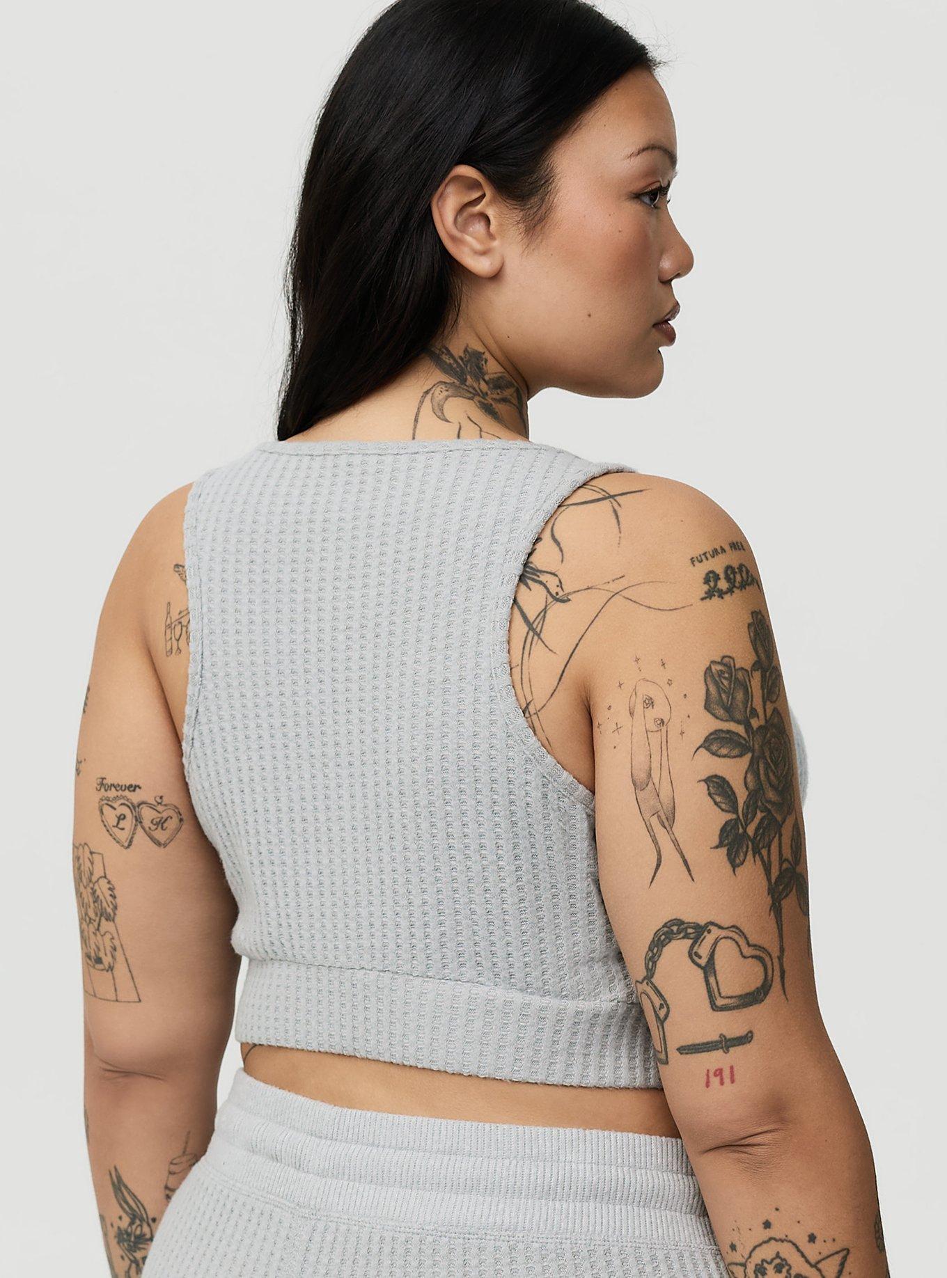 Super Soft Plush Waffle Henley Crop Lounge Tank, LIGHTEST HEATHER GREY, alternate